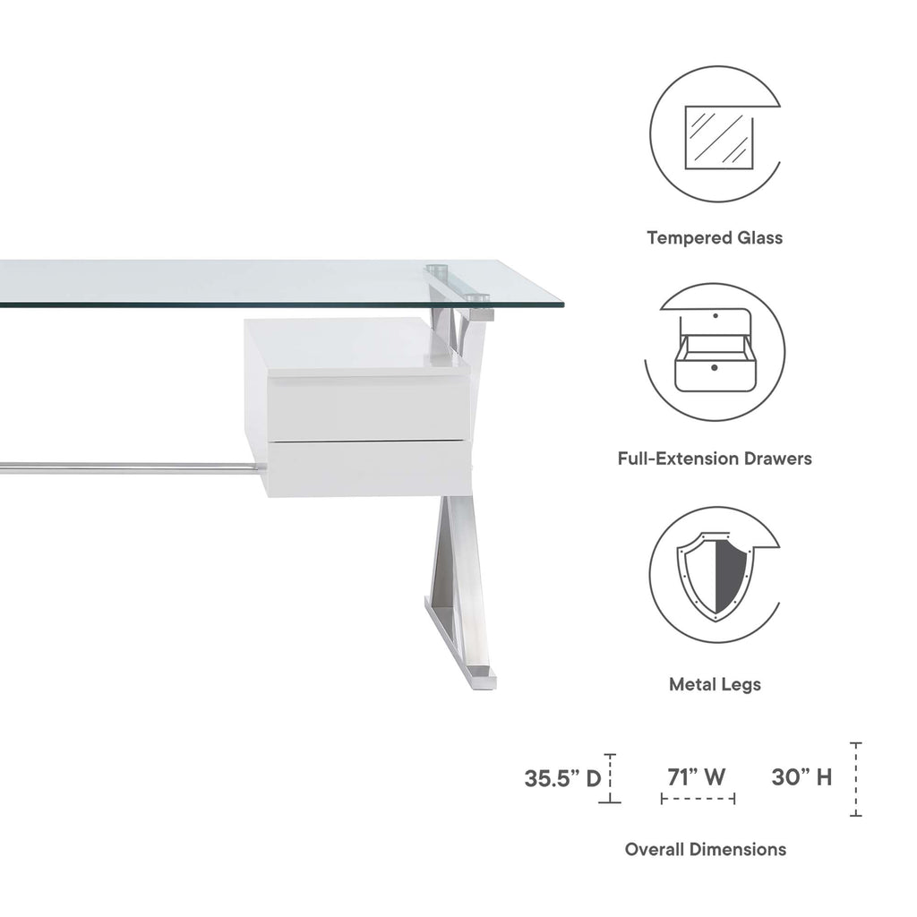 Sector 71" Glass Top Glass Office Desk - White