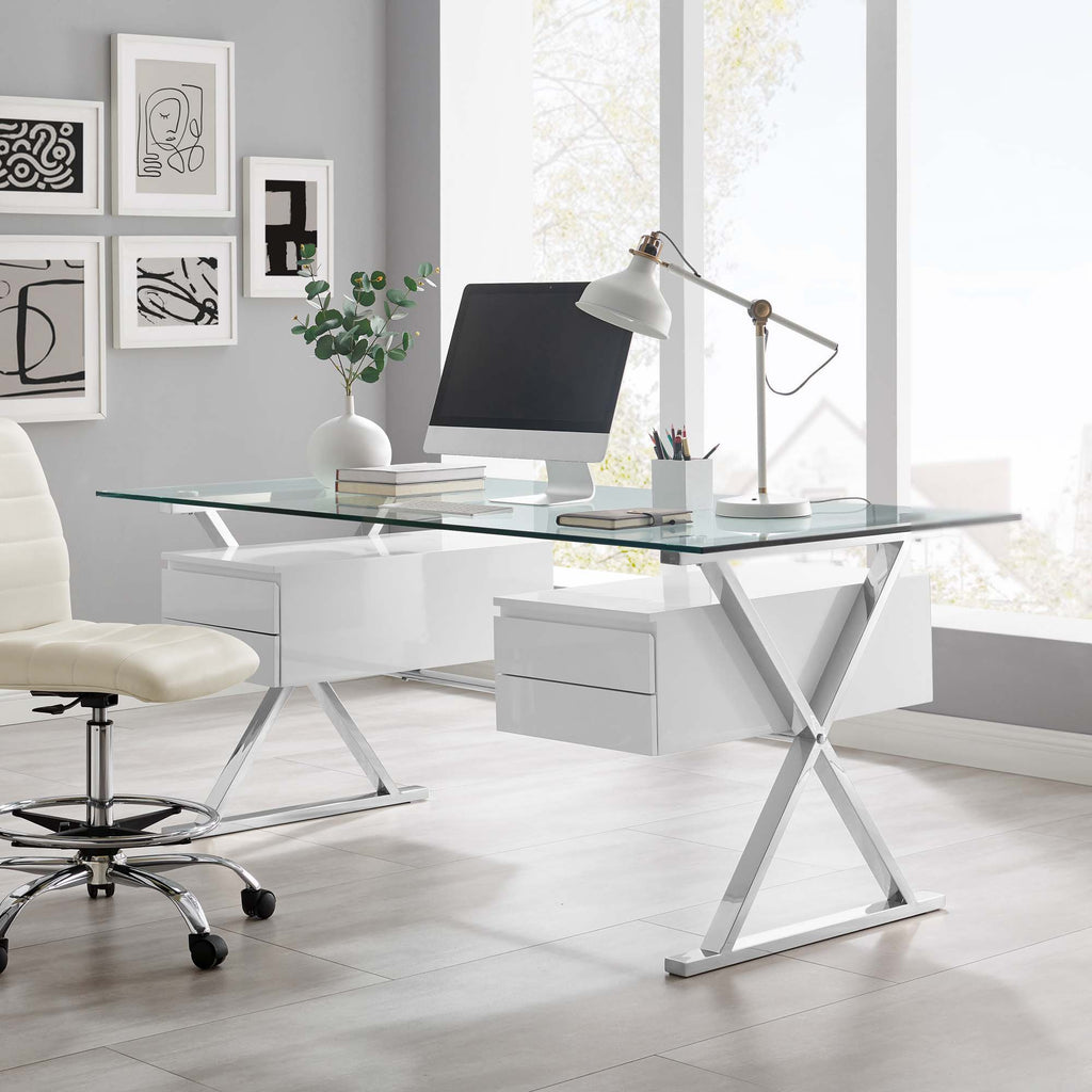 Sector 71" Glass Top Glass Office Desk - White