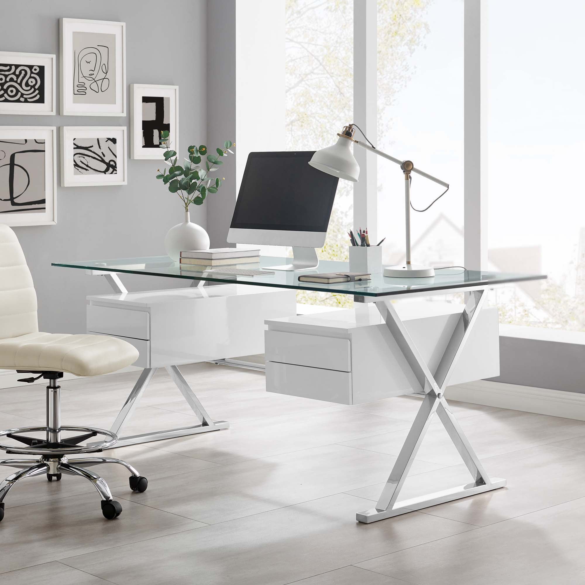 Sector 71" Glass Top Glass Office Desk - White