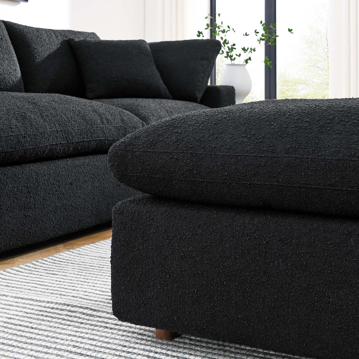 Commix Down Filled Overstuffed Boucle Fabric Ottoman - Black