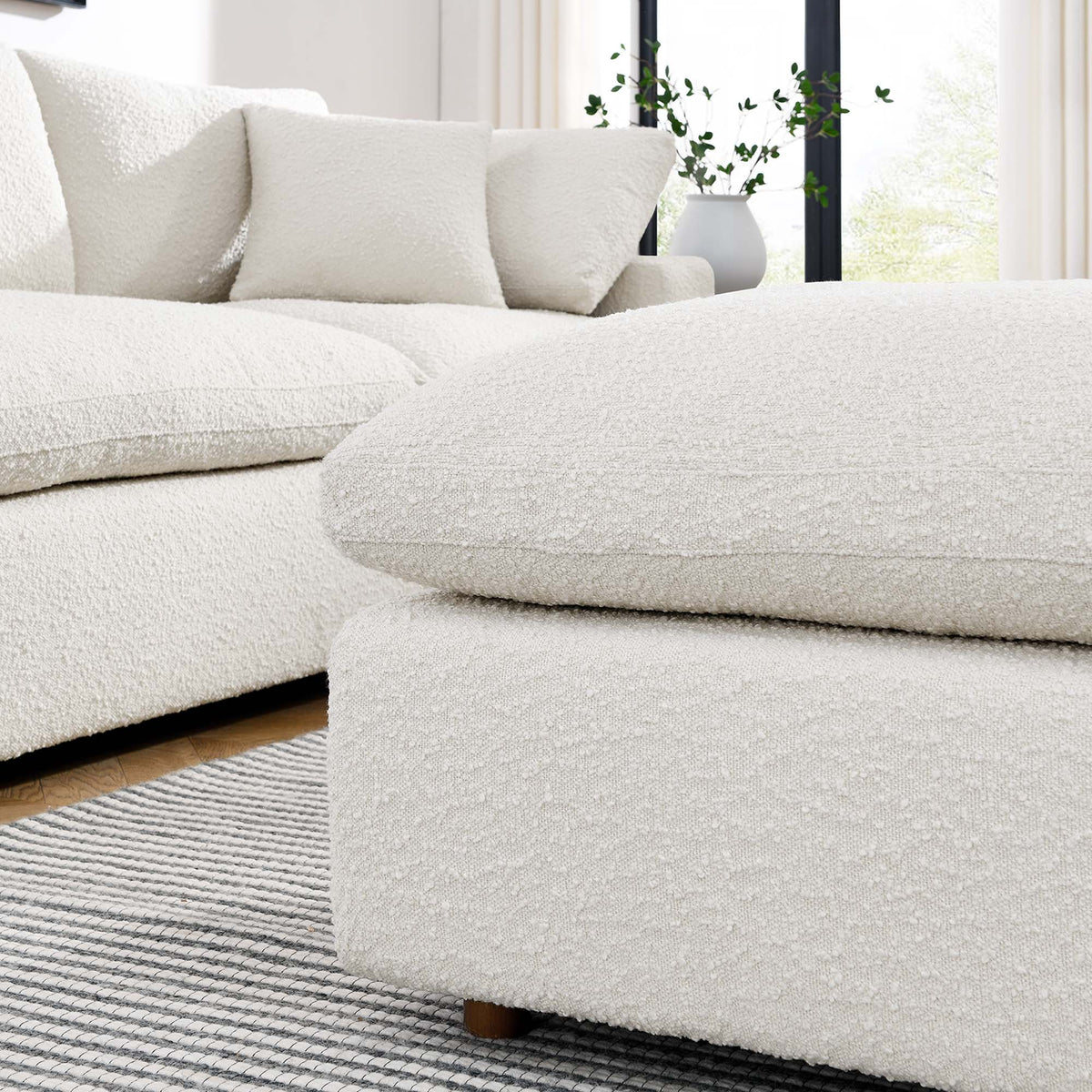 Commix Down Filled Overstuffed Boucle Fabric Ottoman - Ivory