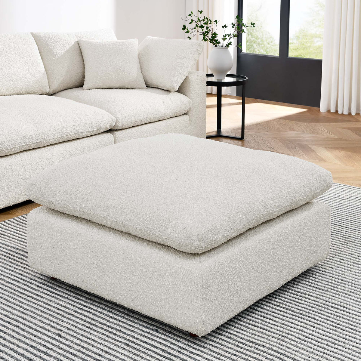 Commix Down Filled Overstuffed Boucle Fabric Ottoman - Ivory