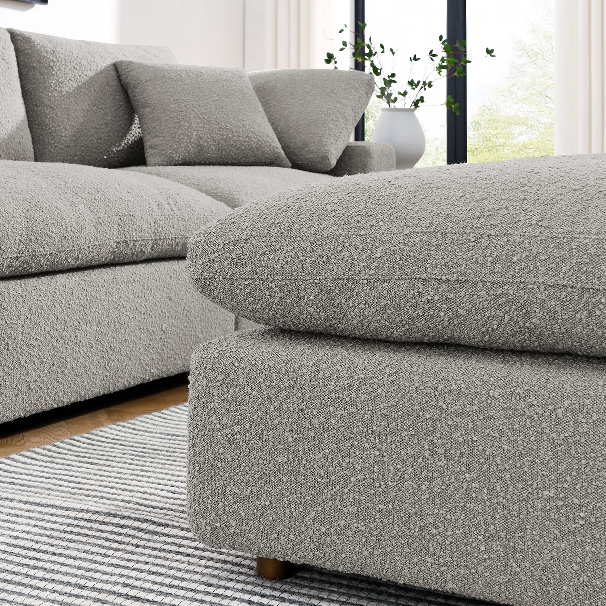 Commix Down Filled Overstuffed Boucle Fabric Ottoman - Light Gray