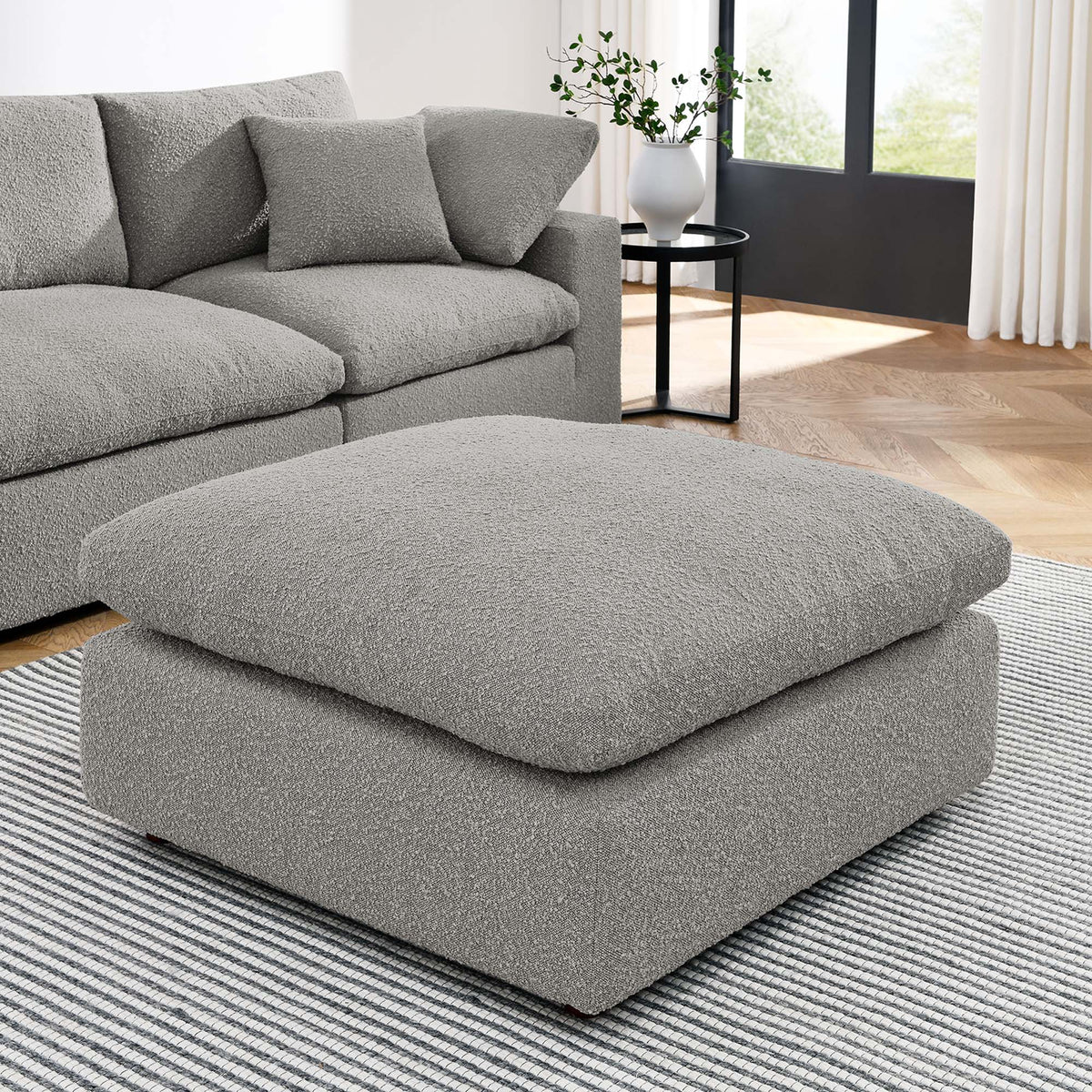 Commix Down Filled Overstuffed Boucle Fabric Ottoman - Light Gray