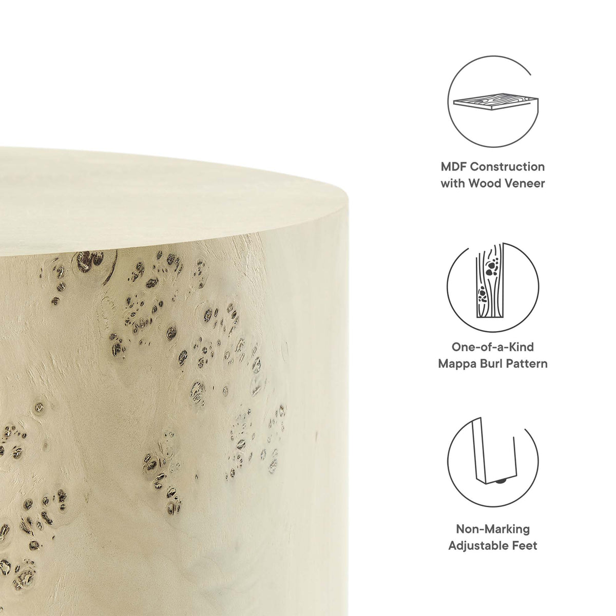 Cosmos 16" Round Burl Wood Side Table - Bleached Burl