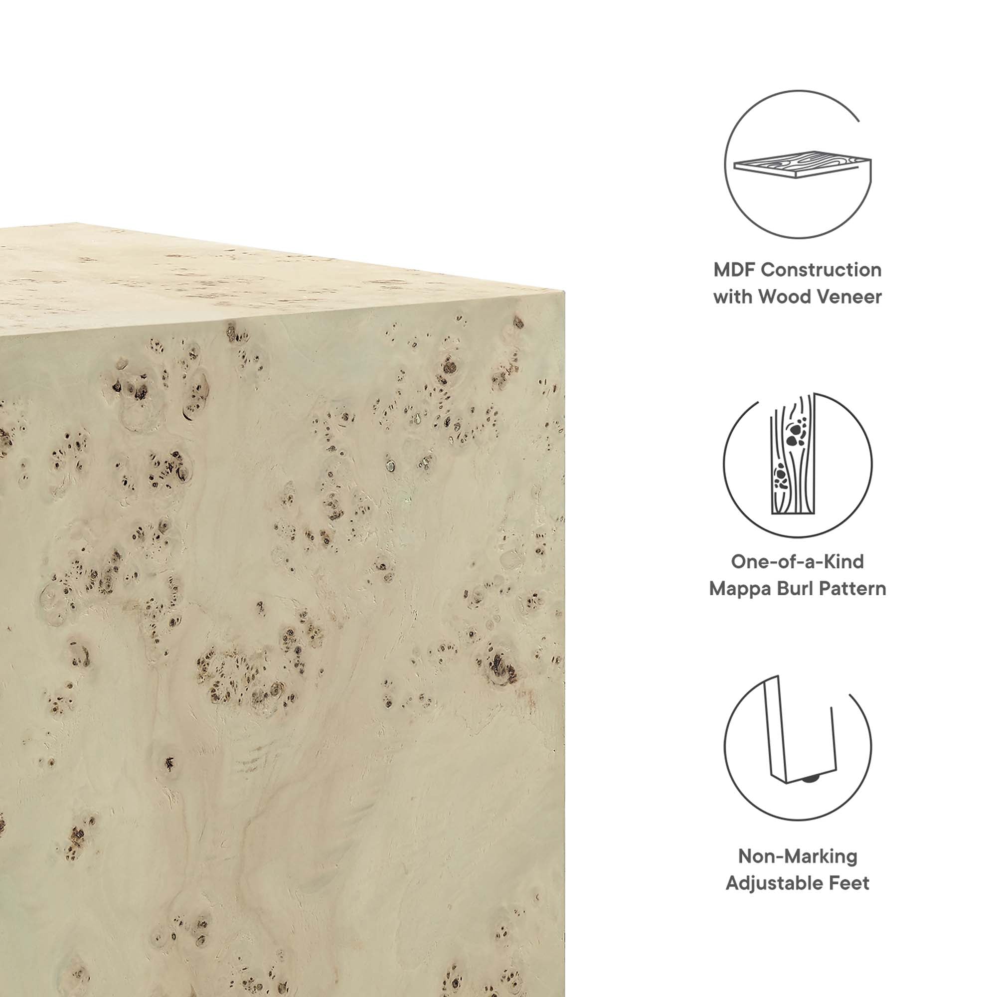 Cosmos 16" Square Burl Wood Side Table - Bleached Burl