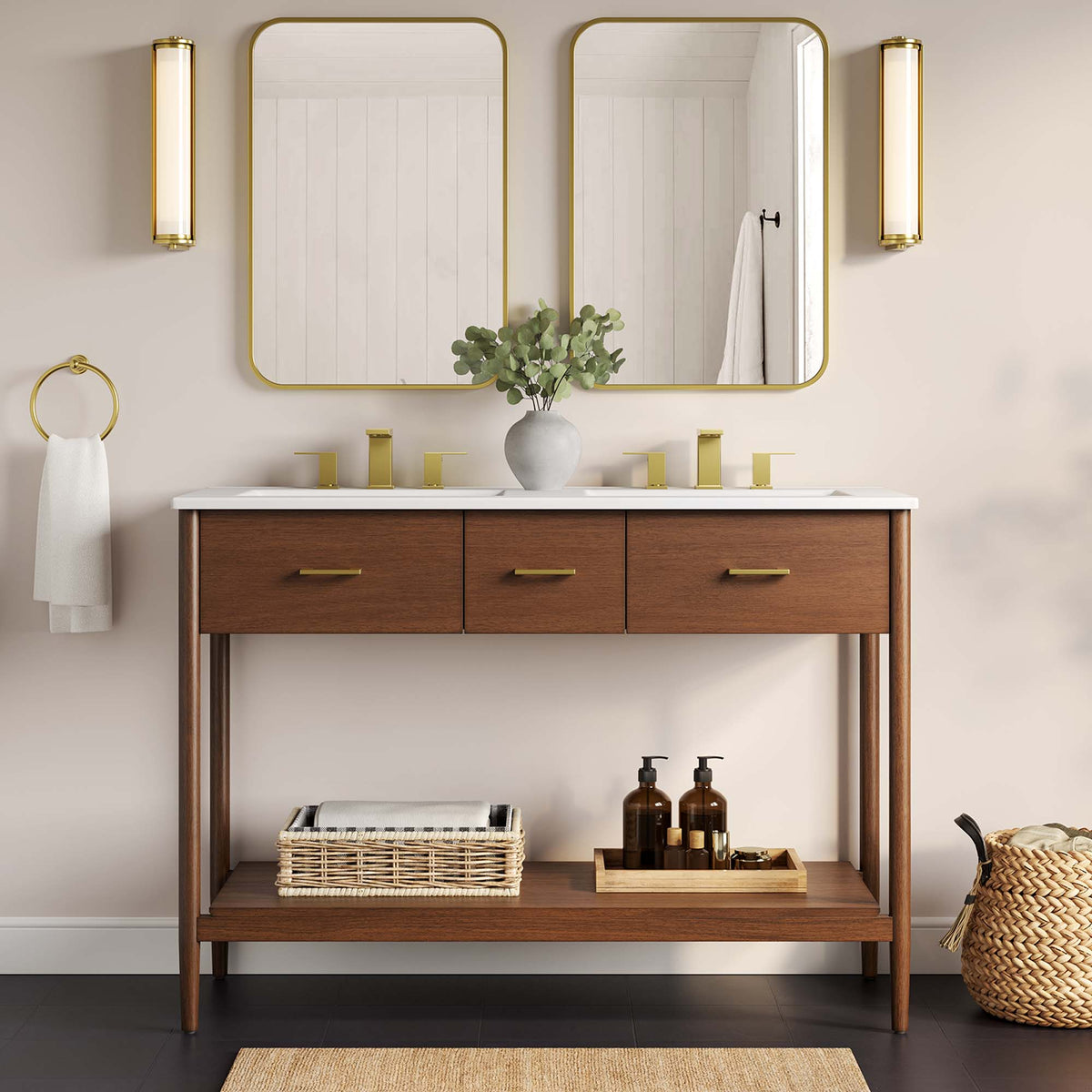 Zaire 48" Double Sink Compatible Bathroom Vanity Cabinet (Sink Basin Not Included) - Walnut
