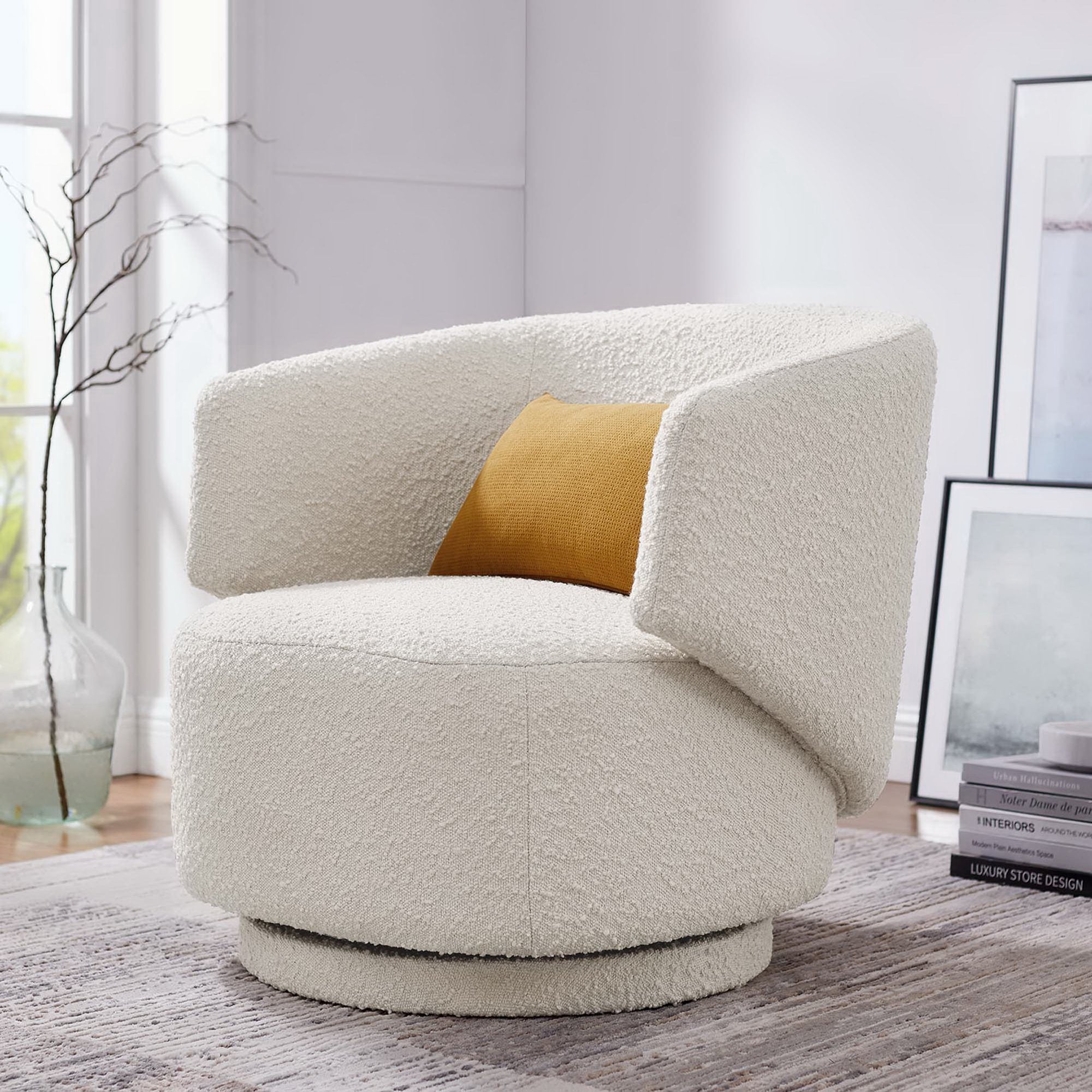 Celestia Boucle Fabric Swivel Chair - Ivory