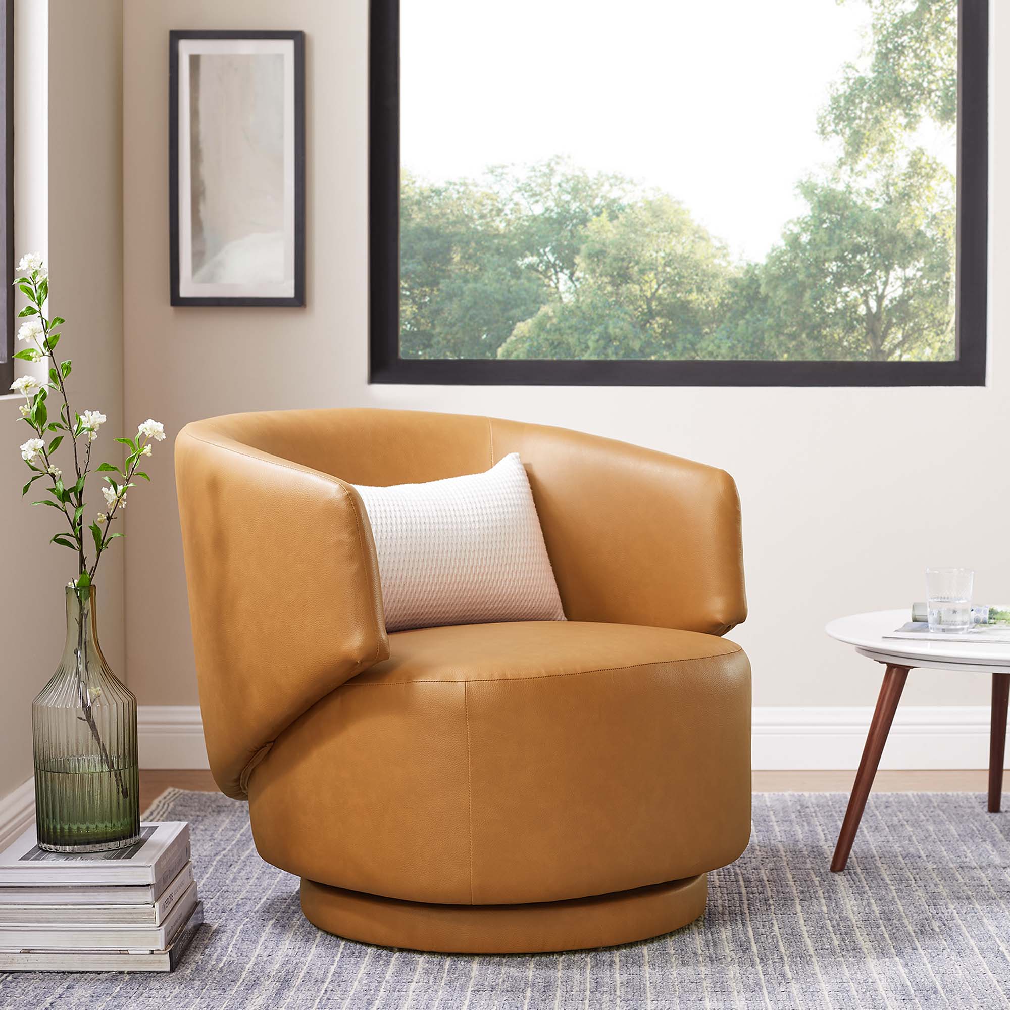 Celestia Vegan Leather Fabric and Wood Swivel Chair - Tan