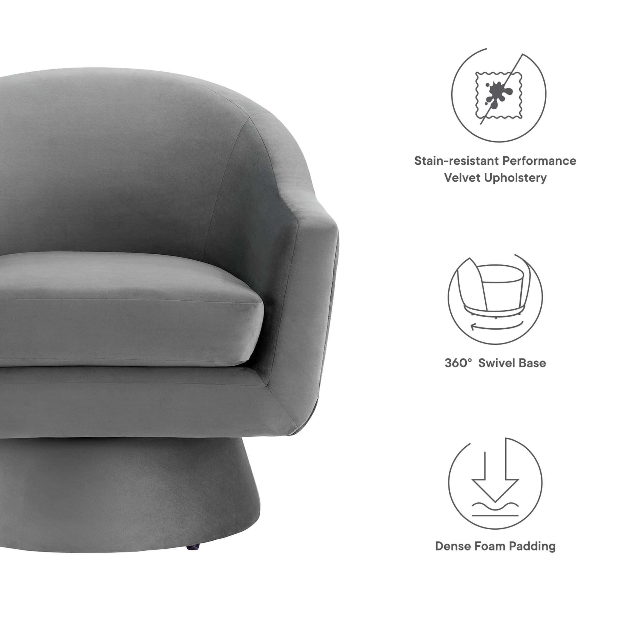 Astral Performance Velvet Fabric and Wood Swivel Chair - Gray