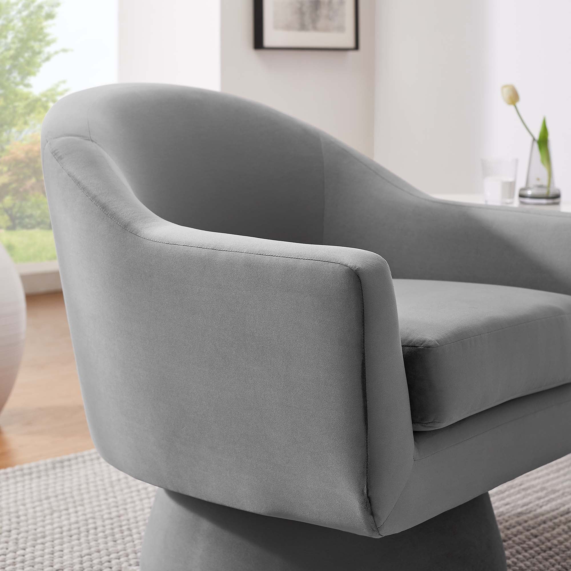 Astral Performance Velvet Fabric and Wood Swivel Chair - Gray