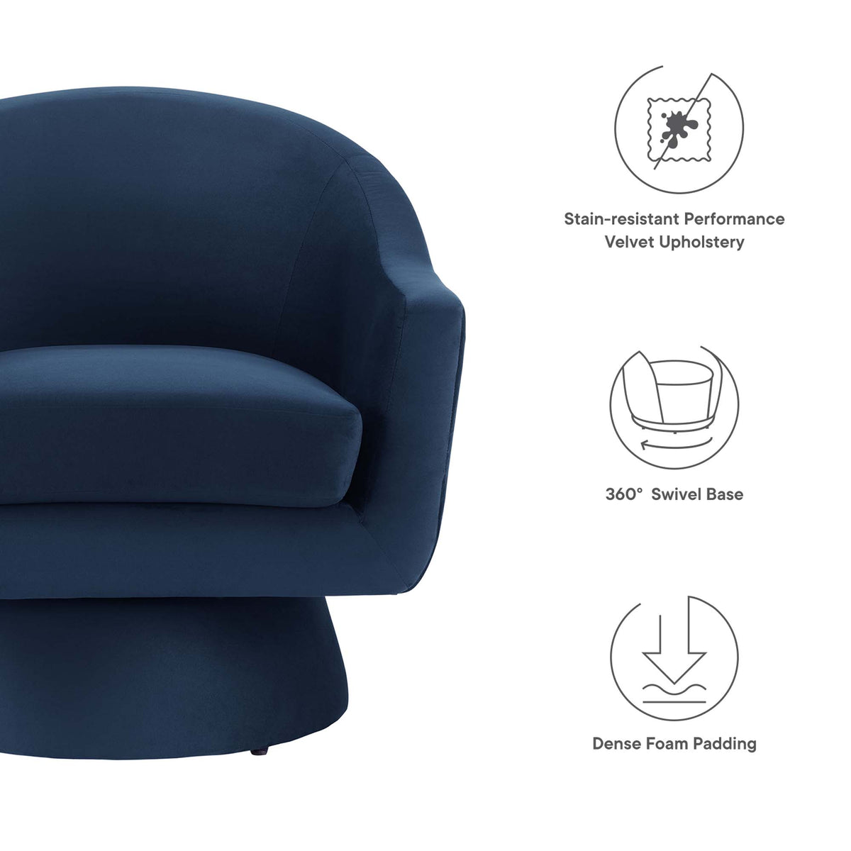 Astral Performance Velvet Fabric and Wood Swivel Chair - Midnight Blue