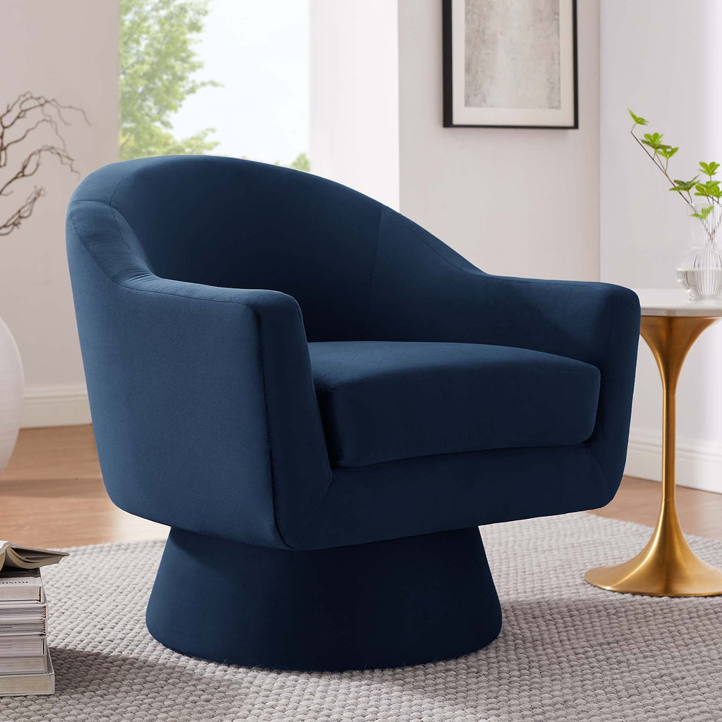 Astral Performance Velvet Fabric and Wood Swivel Chair - Midnight Blue