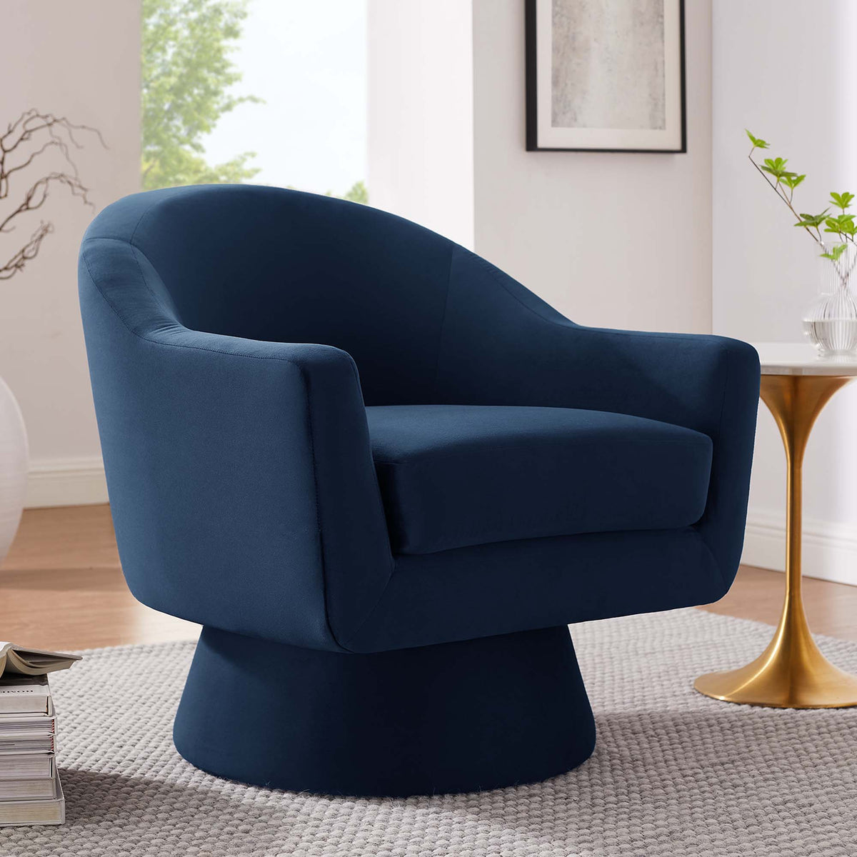 Astral Performance Velvet Fabric and Wood Swivel Chair - Midnight Blue