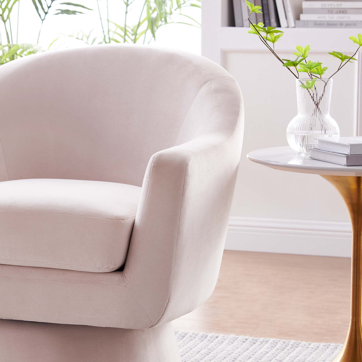 Astral Performance Velvet Fabric and Wood Swivel Chair - Pink