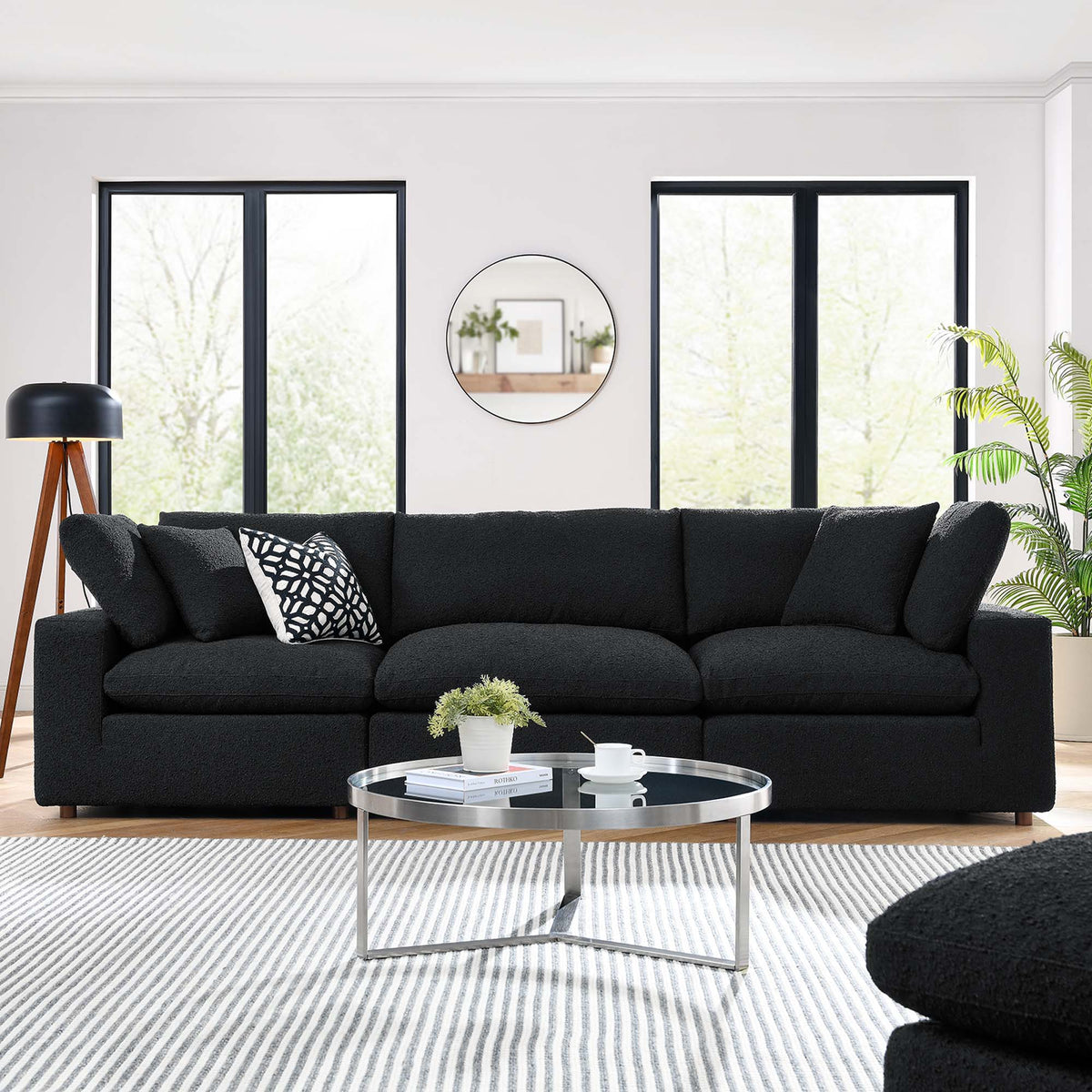 Commix Down Filled Overstuffed Boucle Fabric 3-Seater Sofa - Black