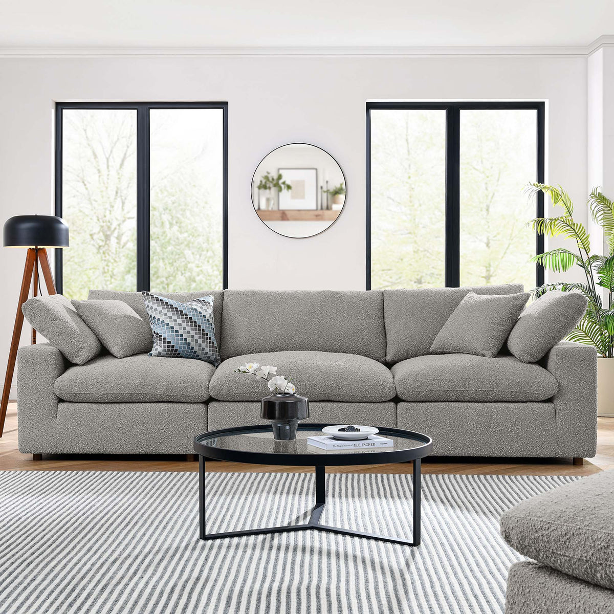 Commix Down Filled Overstuffed Boucle Fabric 3-Seater Sofa - Light Gray