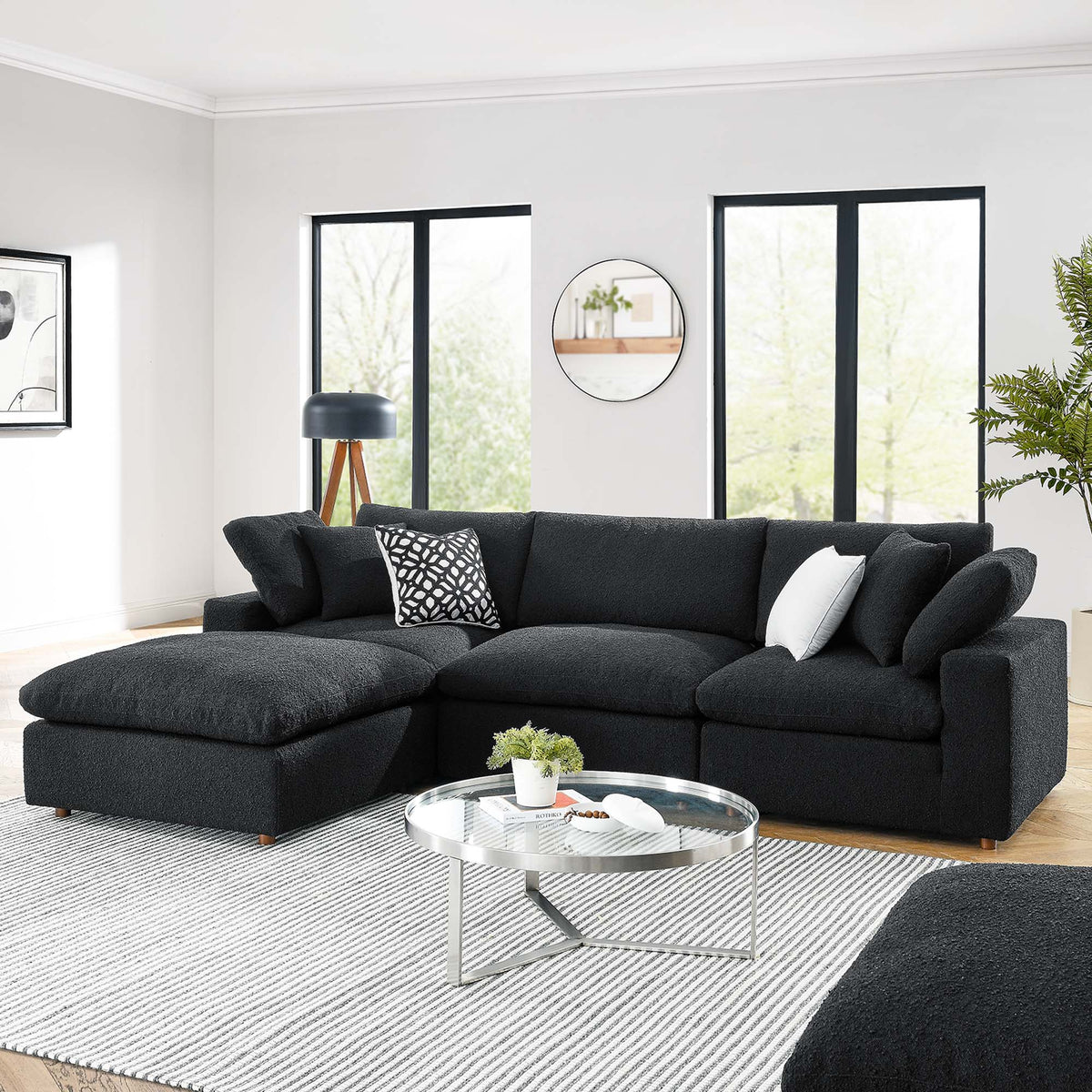 Commix 4-Piece Down Filled Overstuffed Boucle Fabric Sectional Sofa - Black