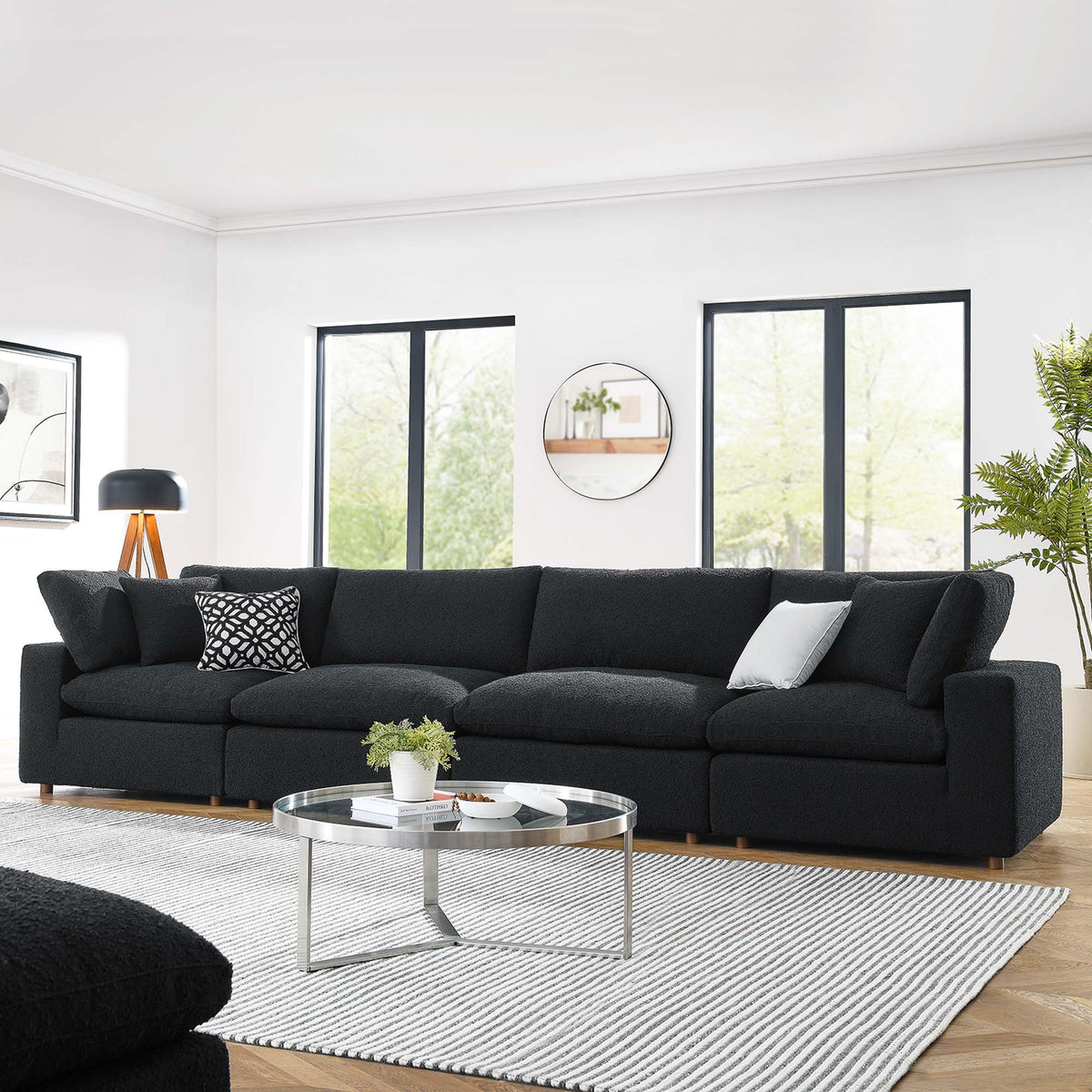 Commix Down Filled Overstuffed Boucle Fabric 4-Seater Sofa - Black