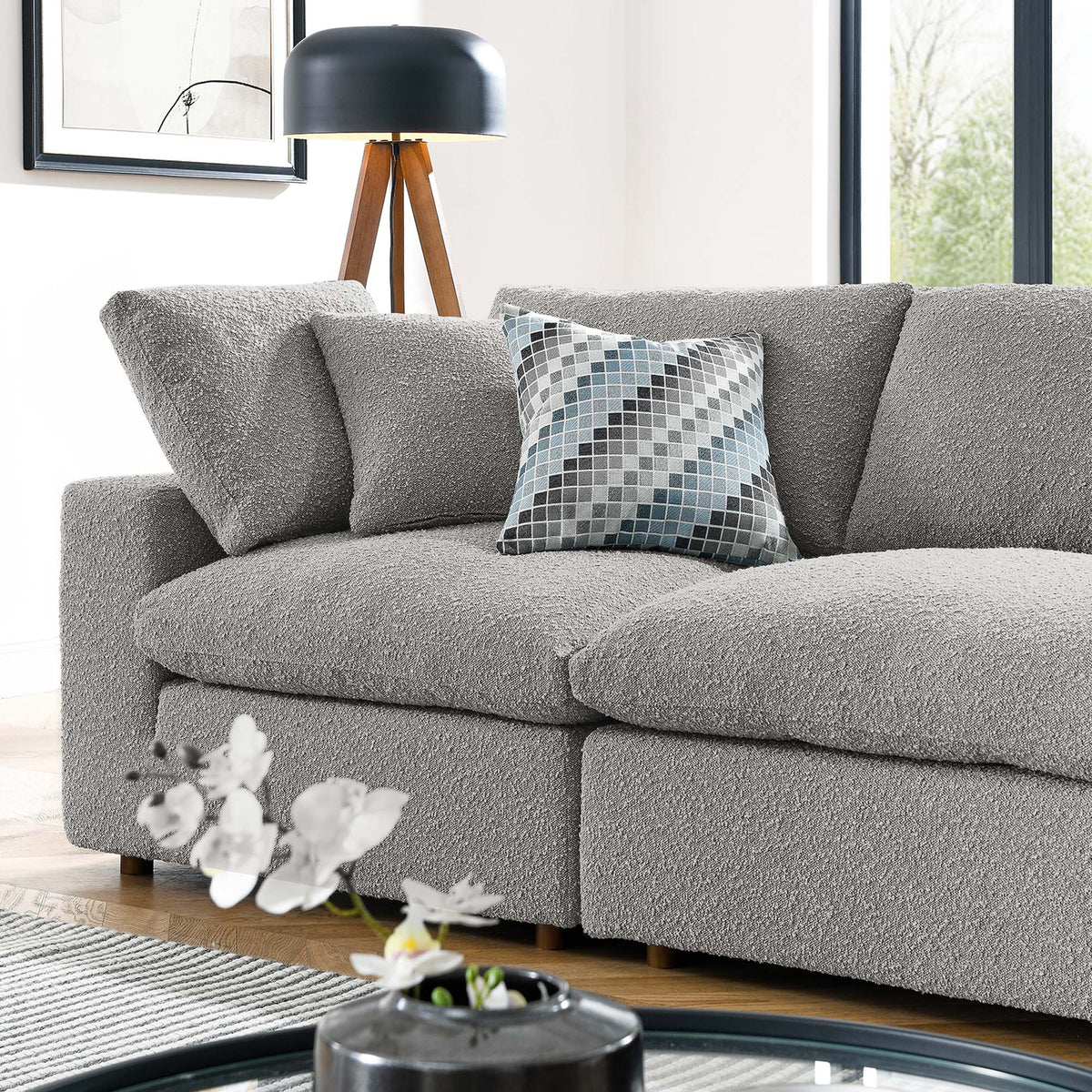 Commix Down Filled Overstuffed Boucle Fabric 4-Seater Sofa - Light Gray