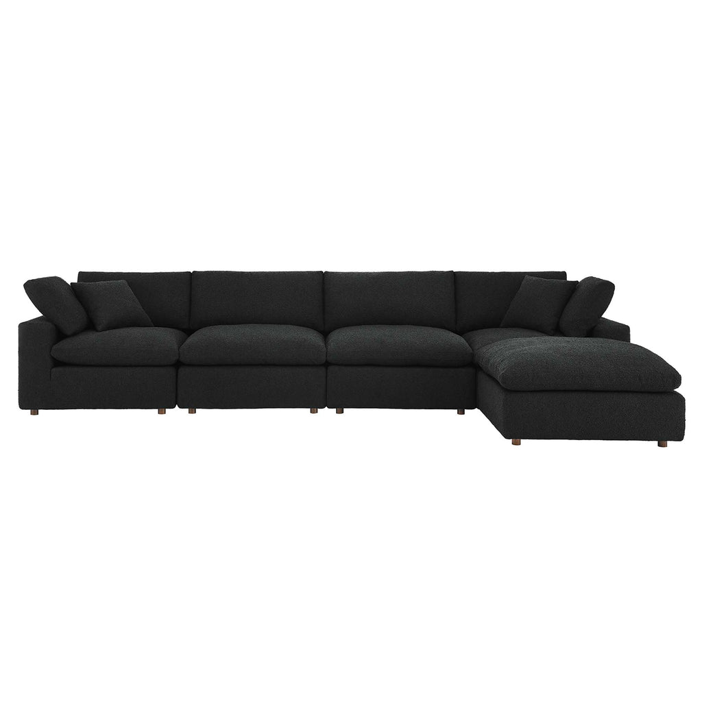 Commix 5-Piece Down Filled Overstuffed Boucle Fabric Sectional Sofa - Black (2 Armless, 2 Corners, Ottoman)