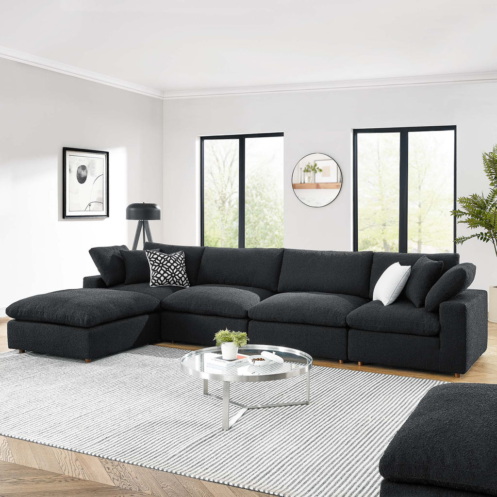 Commix 5-Piece Down Filled Overstuffed Boucle Fabric Sectional Sofa - Black (2 Armless, 2 Corners, Ottoman)
