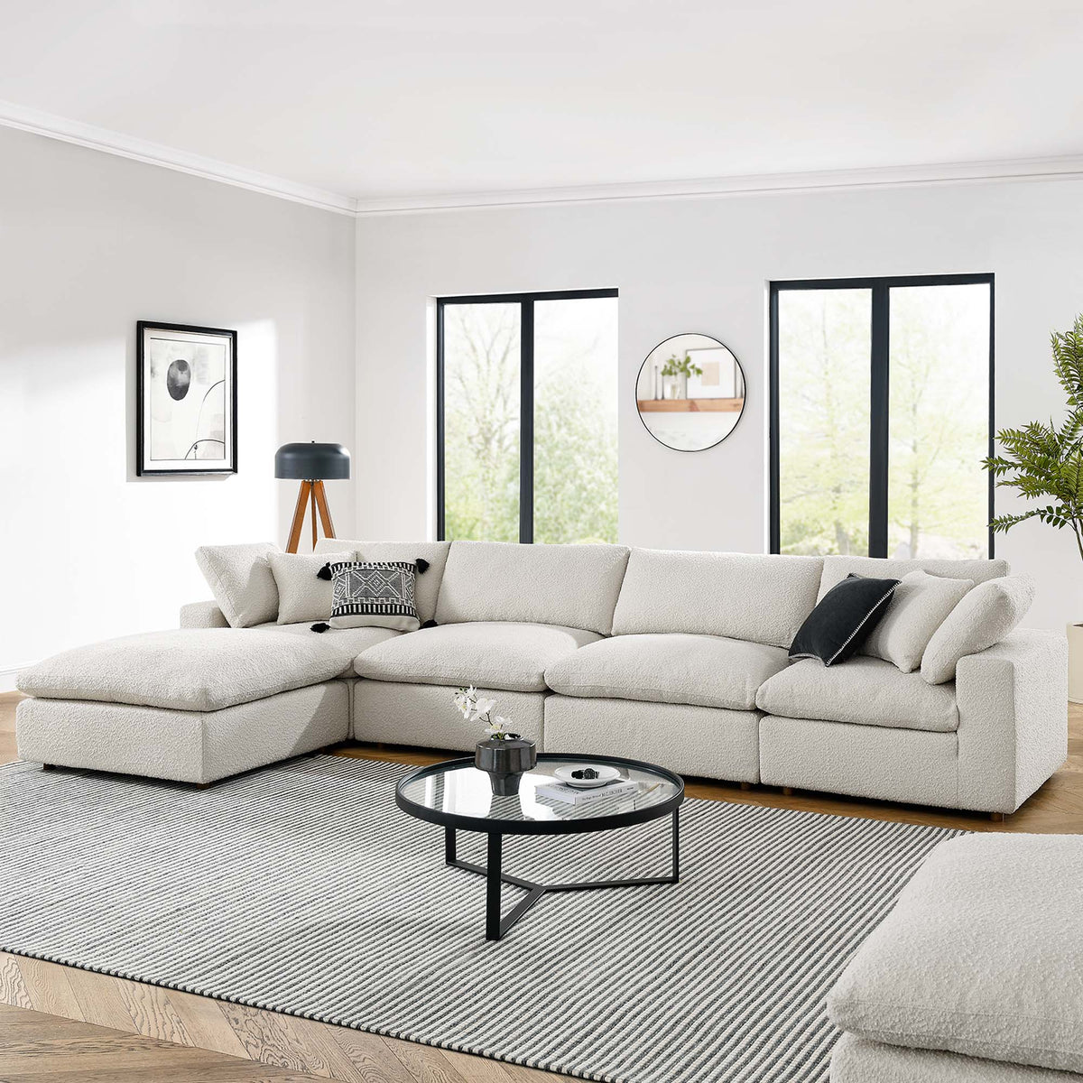 Commix 5-Piece Down Filled Overstuffed Boucle Fabric Sectional Sofa - Ivory (2 Armless, 2 Corners, Ottoman)