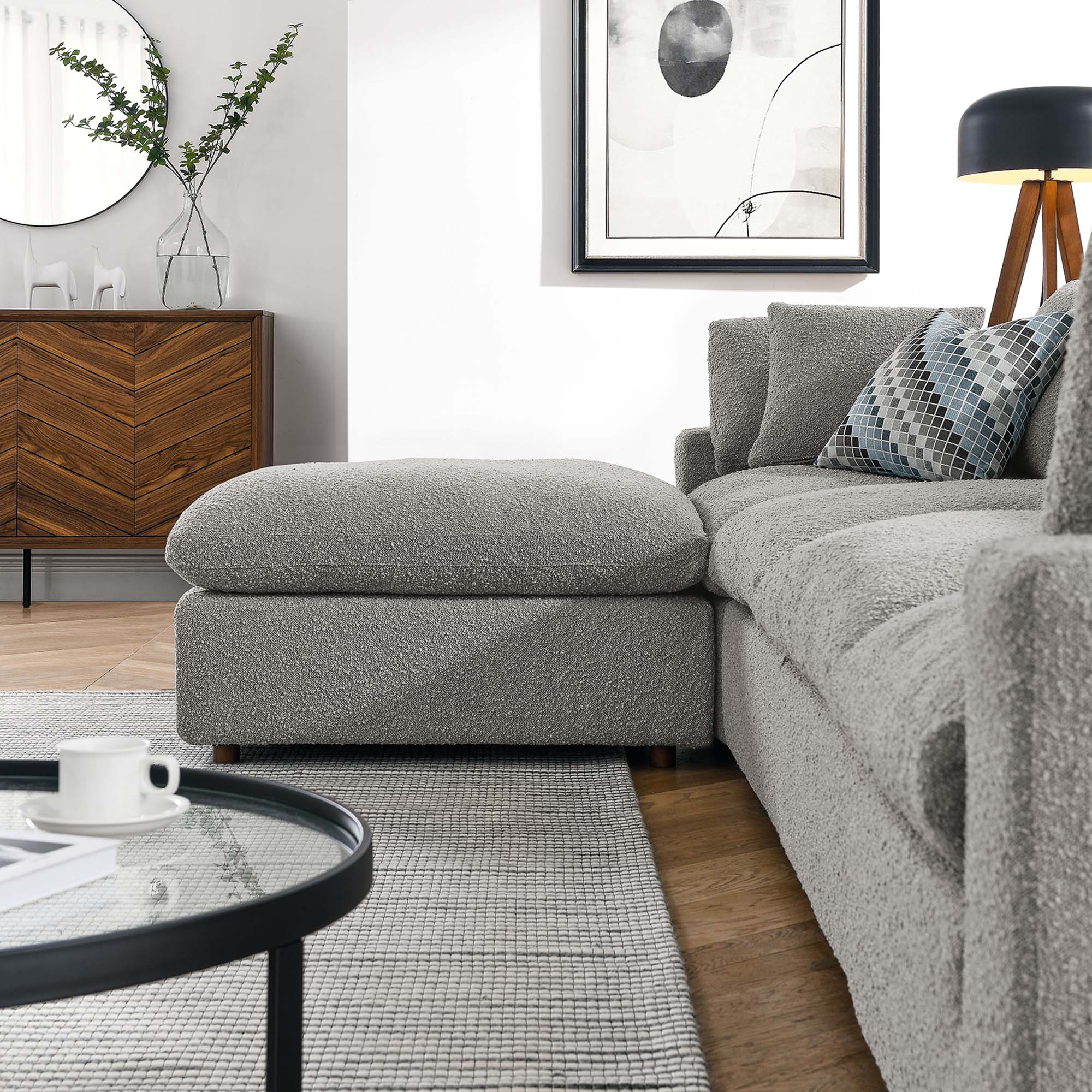 Commix 5-Piece Down Filled Overstuffed Boucle Fabric Sectional Sofa - Light Gray (2 Armless, 2 Corners, Ottoman)