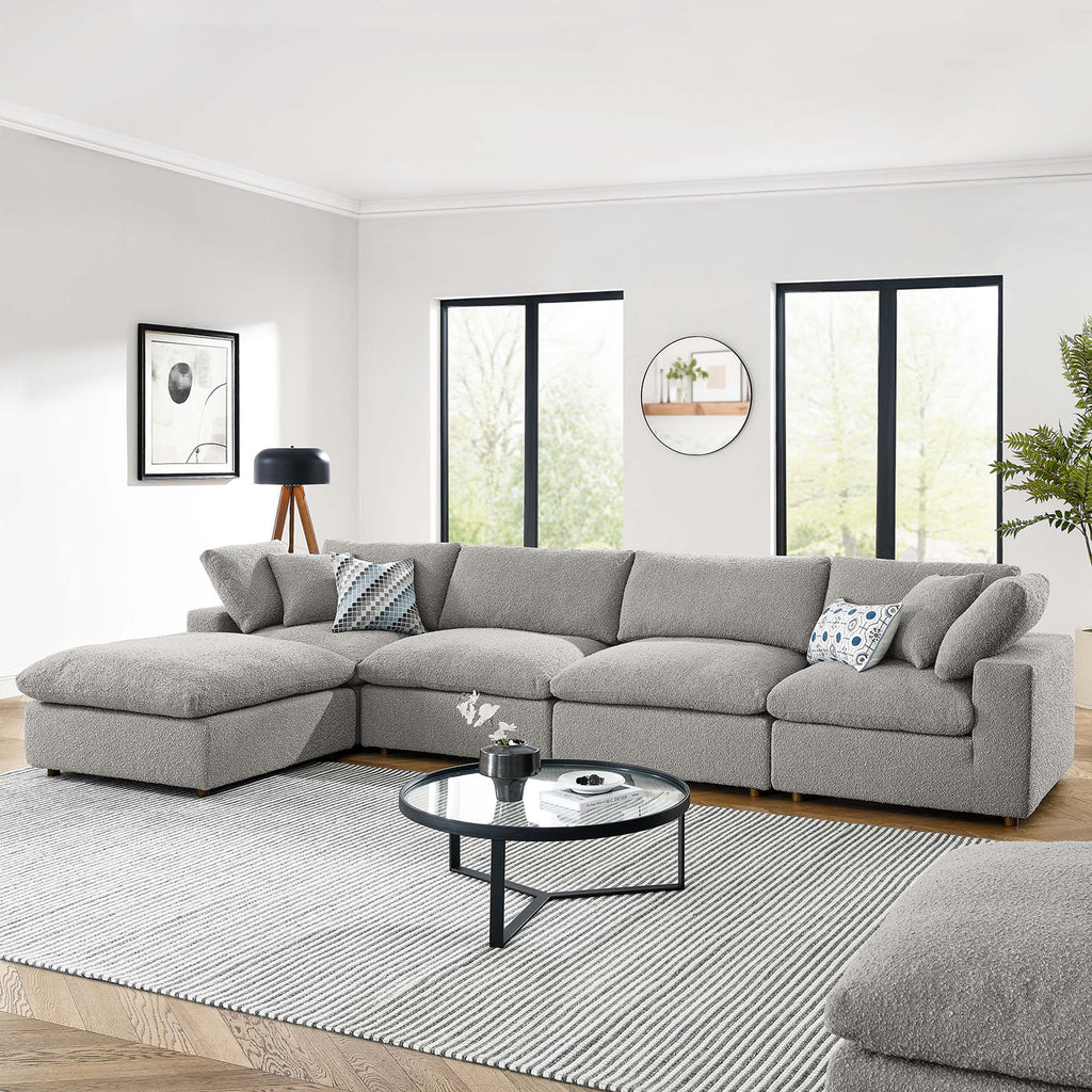 Commix 5-Piece Down Filled Overstuffed Boucle Fabric Sectional Sofa - Light Gray (2 Armless, 2 Corners, Ottoman)