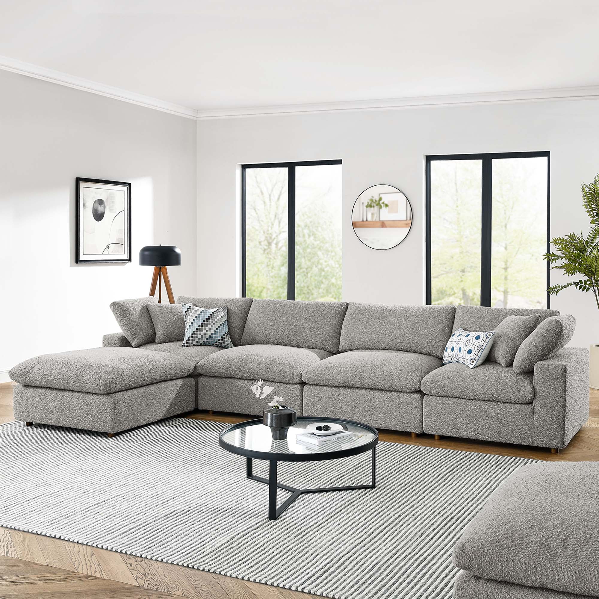 Commix 5-Piece Down Filled Overstuffed Boucle Fabric Sectional Sofa - Light Gray (2 Armless, 2 Corners, Ottoman)