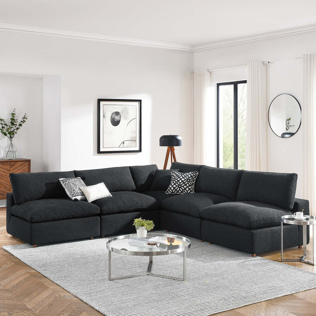 Commix 5-Piece Down Filled Overstuffed Boucle Fabric Sectional Sofa - Black (4 Armless, Corner)