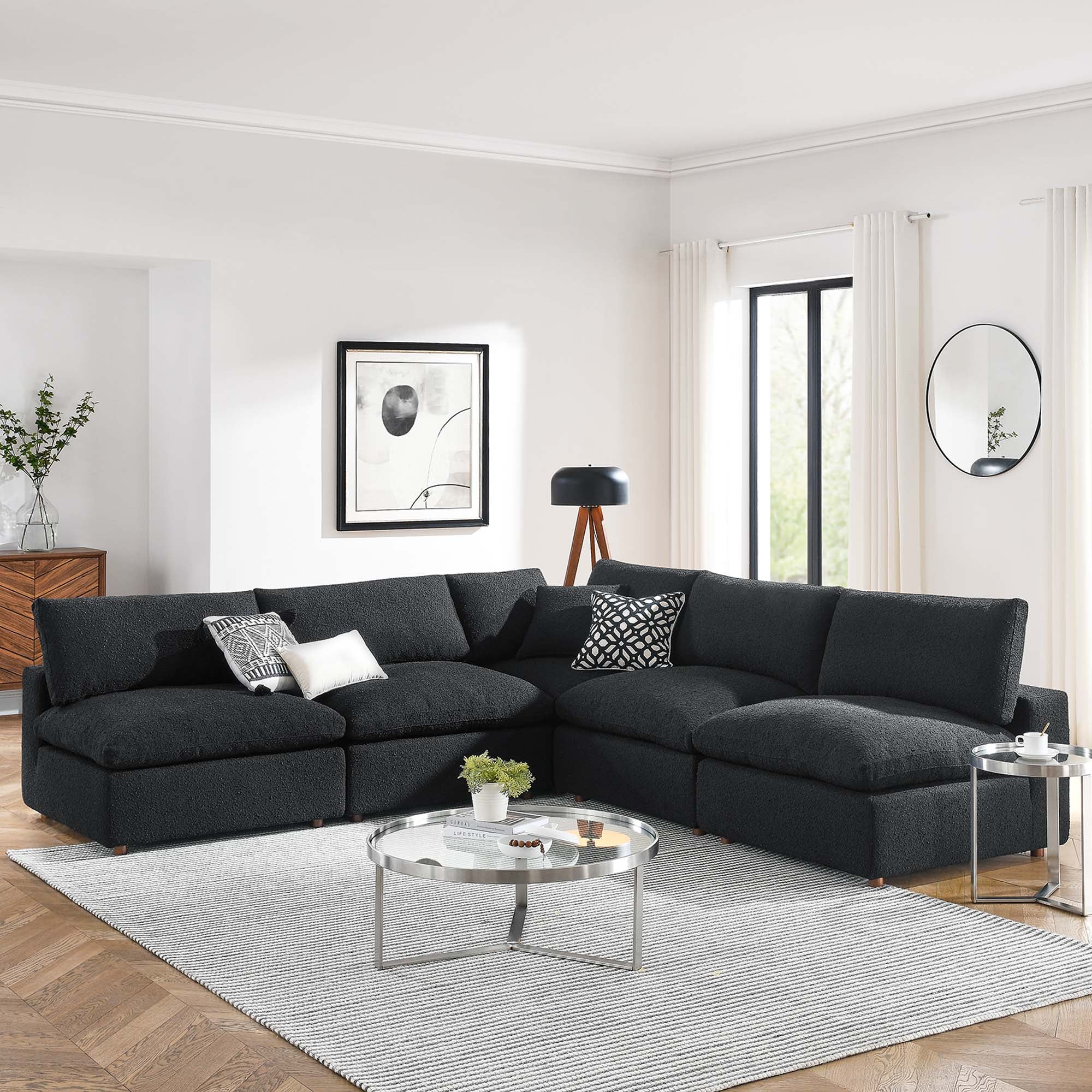 Commix 5-Piece Down Filled Overstuffed Boucle Fabric Sectional Sofa - Black (4 Armless, Corner)