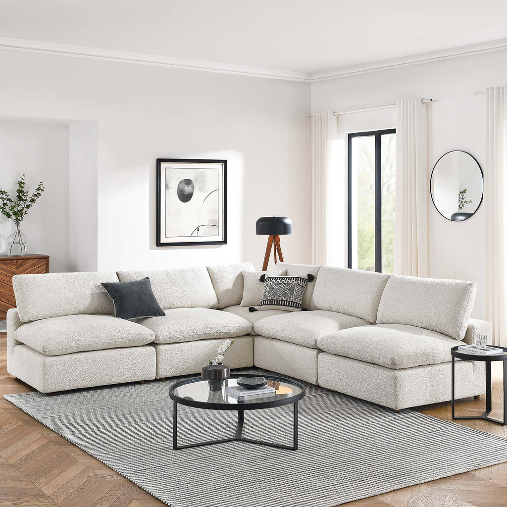 Commix 5-Piece Down Filled Overstuffed Boucle Fabric Sectional Sofa - Ivory (4 Armless, Corner)