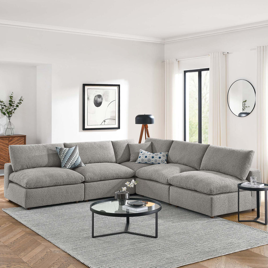 Commix 5-Piece Down Filled Overstuffed Boucle Fabric Sectional Sofa - Light Gray (4 Armless, Corner)