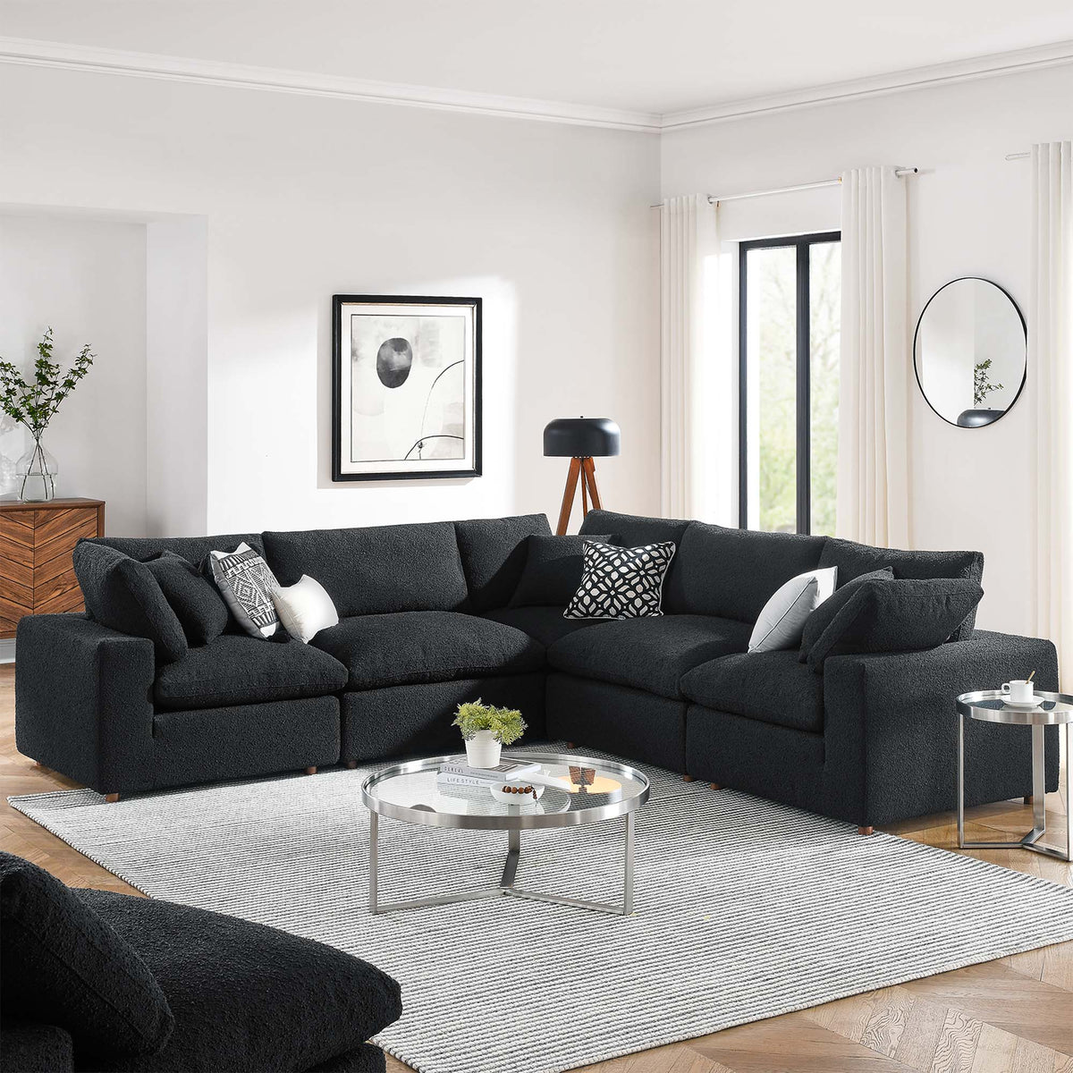 Commix 5-Piece Down Filled Overstuffed Boucle Sectional Sofa - Black