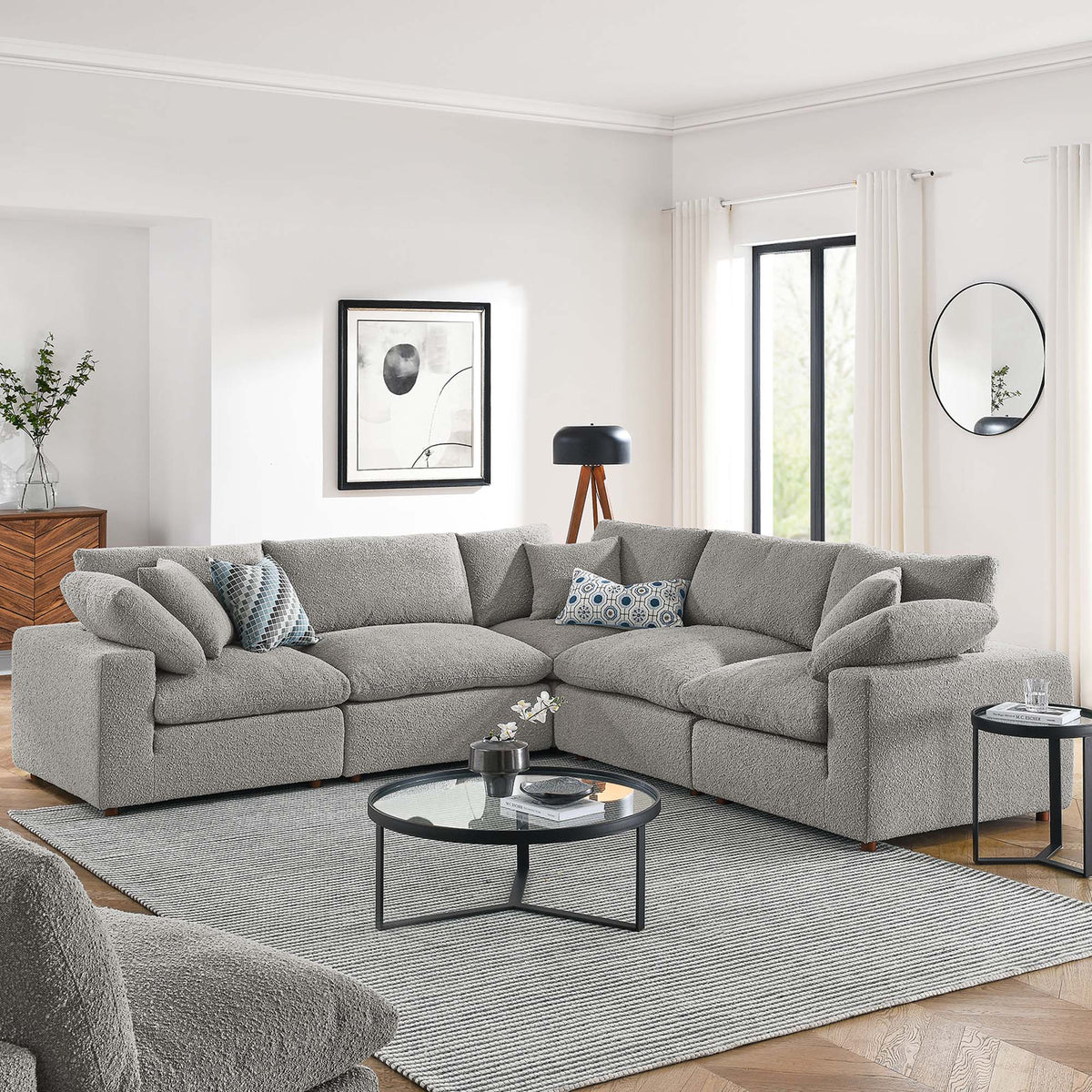 Commix 5-Piece Down Filled Overstuffed Boucle Sectional Sofa - Light Gray