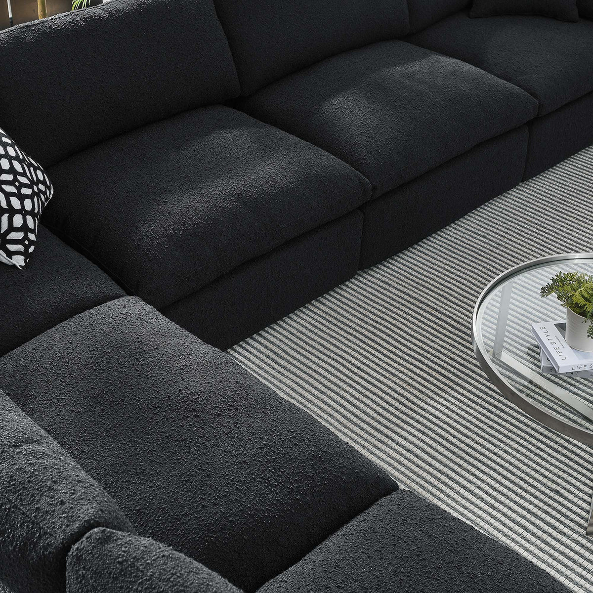 Commix 6-Piece Down Filled Overstuffed Boucle Fabric Sectional Sofa - Black (3 Armless, 3 Corners)