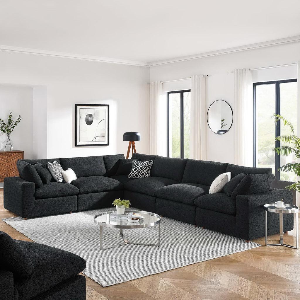 Commix 6-Piece Down Filled Overstuffed Boucle Fabric Sectional Sofa - Black (3 Armless, 3 Corners)
