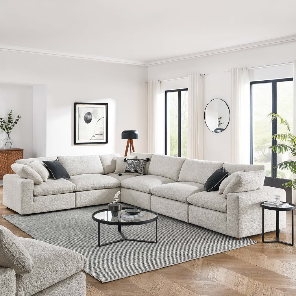 Commix 6-Piece Down Filled Overstuffed Boucle Fabric Sectional Sofa - Ivory (3 Armless, 3 Corners)