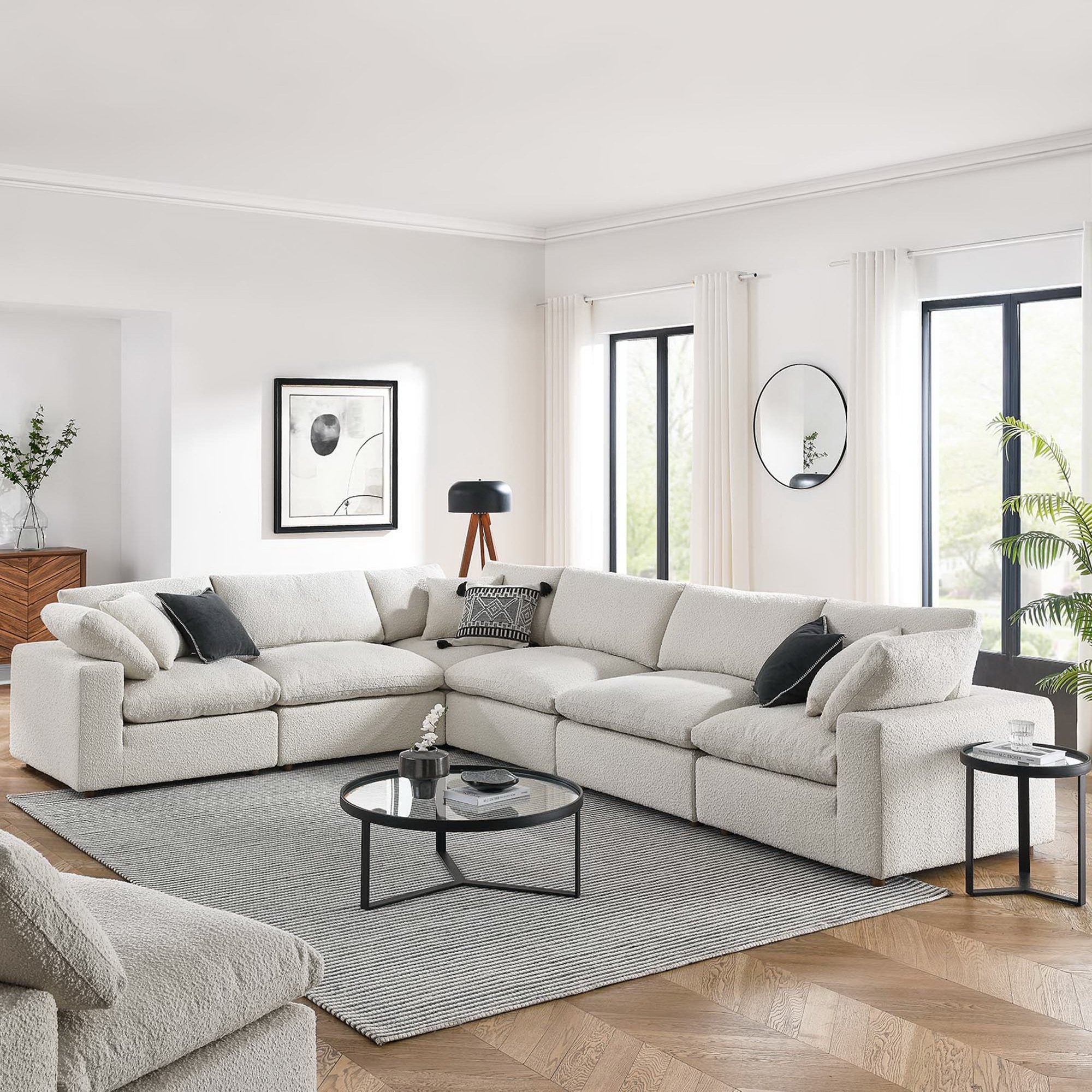 Commix 6-Piece Down Filled Overstuffed Boucle Fabric Sectional Sofa - Ivory (3 Armless, 3 Corners)
