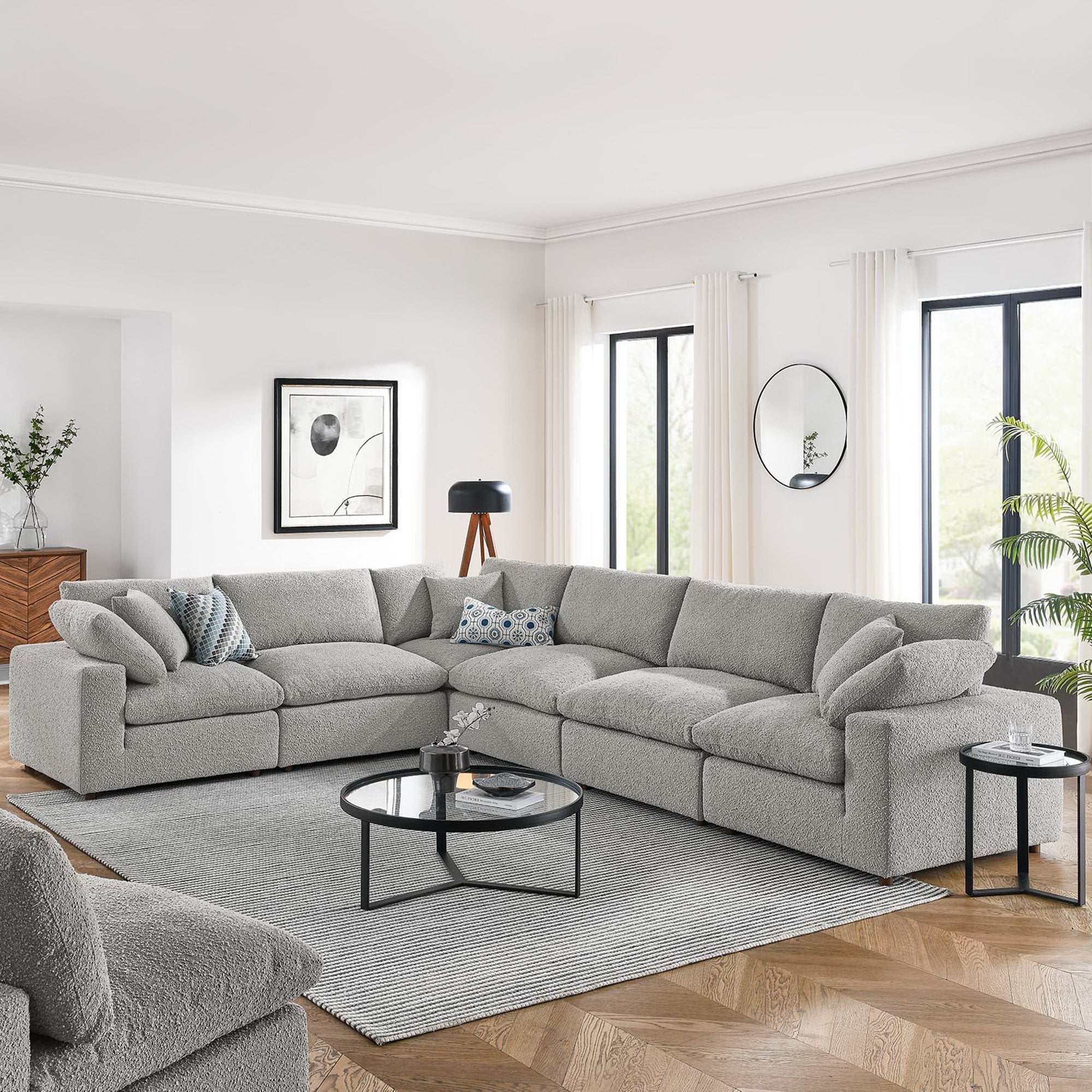 Commix 6-Piece Down Filled Overstuffed Boucle Fabric Sectional Sofa - Light Gray (3 Armless, 3 Corners)