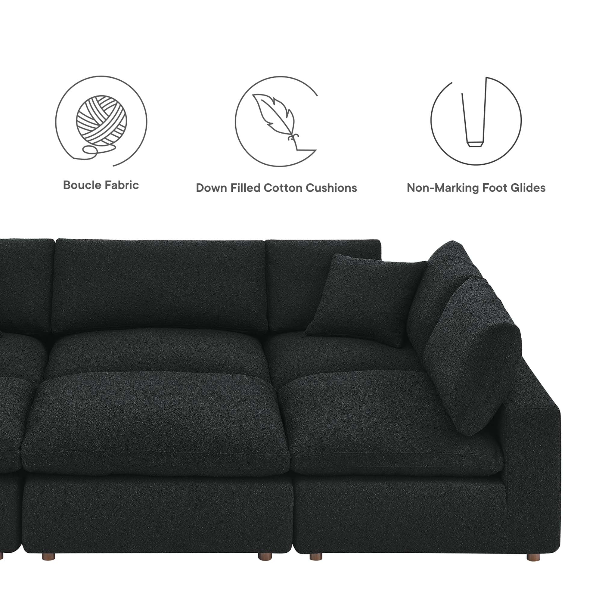 Commix 6-Piece Down Filled Overstuffed Boucle Fabric Sectional Sofa - Black (3 Armless, 2 Corners, Ottoman)