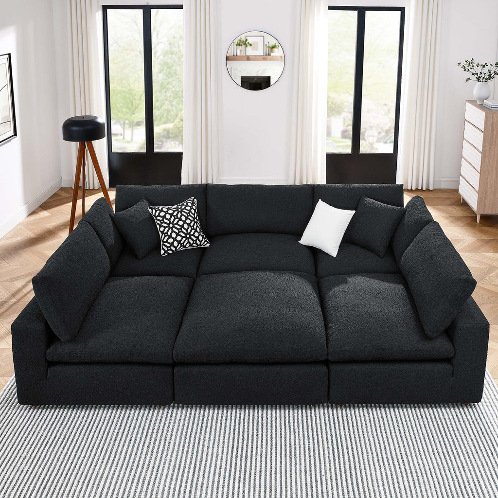 Commix 6-Piece Down Filled Overstuffed Boucle Fabric Sectional Sofa - Black (3 Armless, 2 Corners, Ottoman)