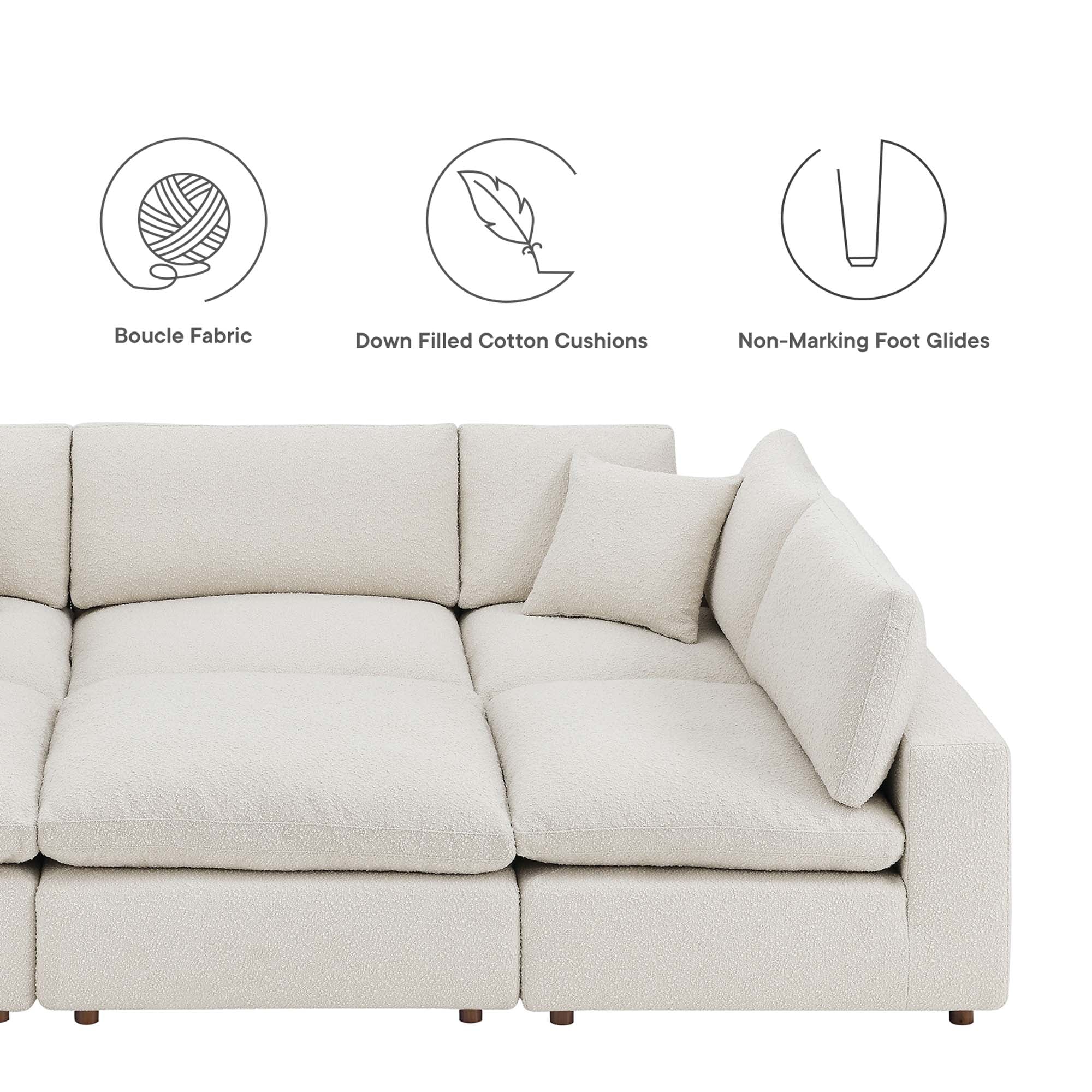 Commix 6-Piece Down Filled Overstuffed Boucle Fabric Sectional Sofa - Ivory (3 Armless, 2 Corners, Ottoman)