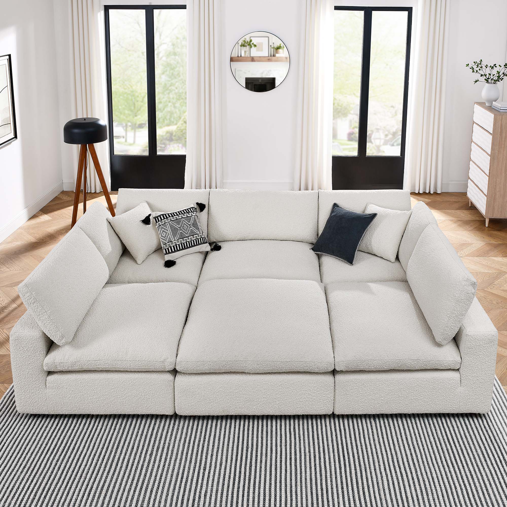 Commix 6-Piece Down Filled Overstuffed Boucle Fabric Sectional Sofa - Ivory (3 Armless, 2 Corners, Ottoman)
