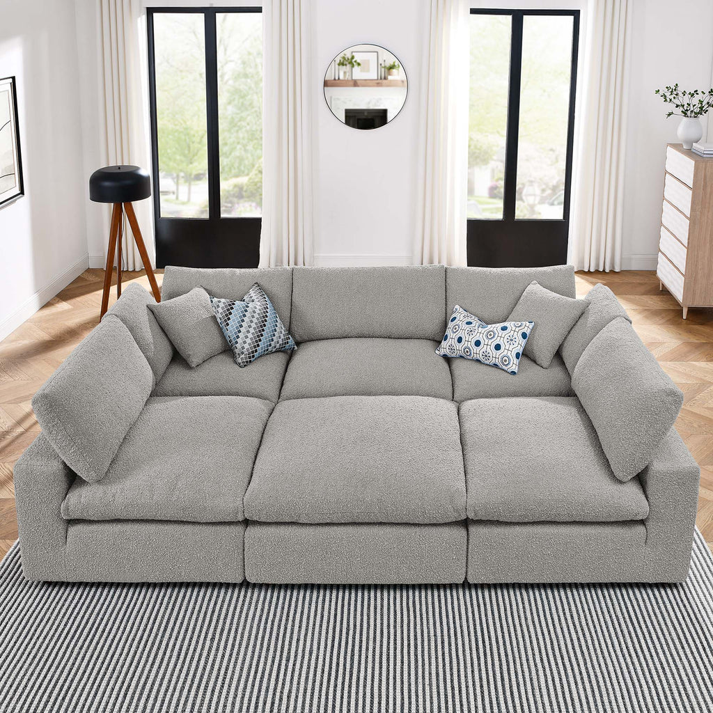 Commix 6-Piece Down Filled Overstuffed Boucle Fabric Sectional Sofa - Light Gray (3 Armless, 2 Corners, Ottoman)
