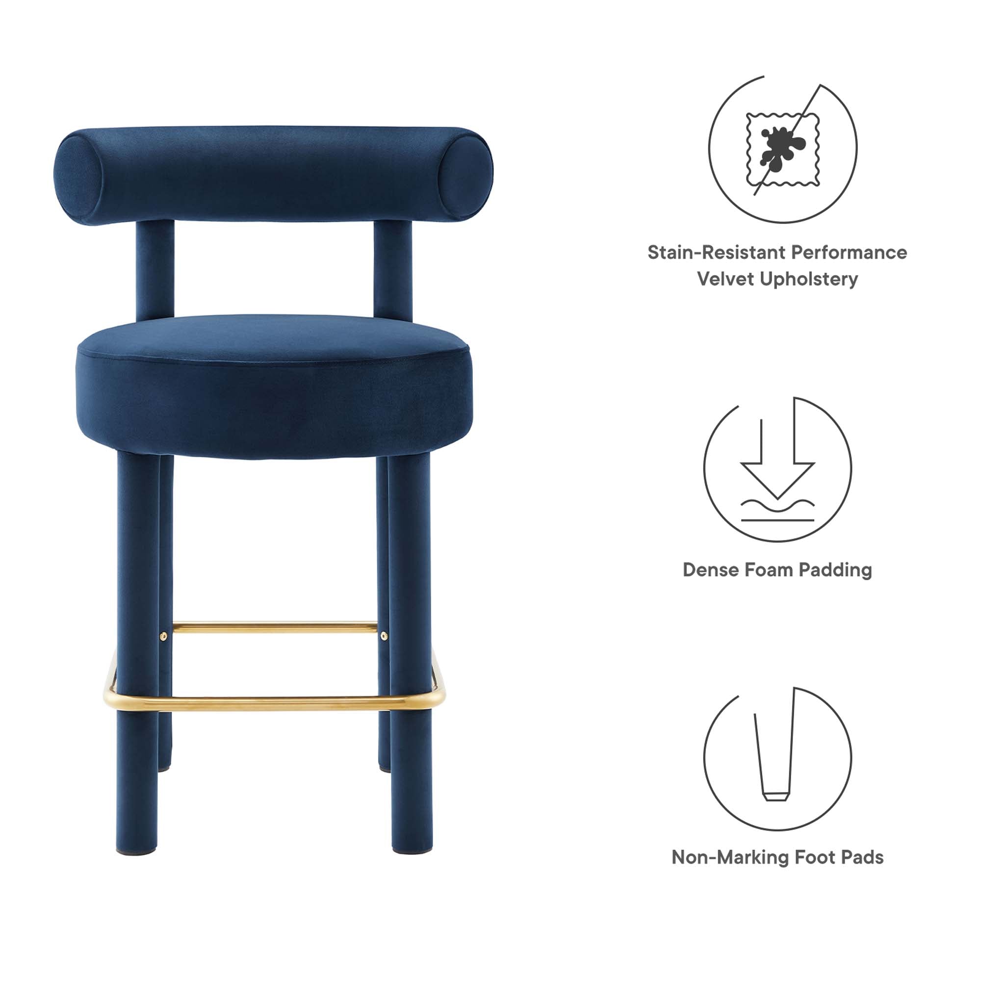 Toulouse Performance Velvet Counter Stool - Midnight Blue Gold