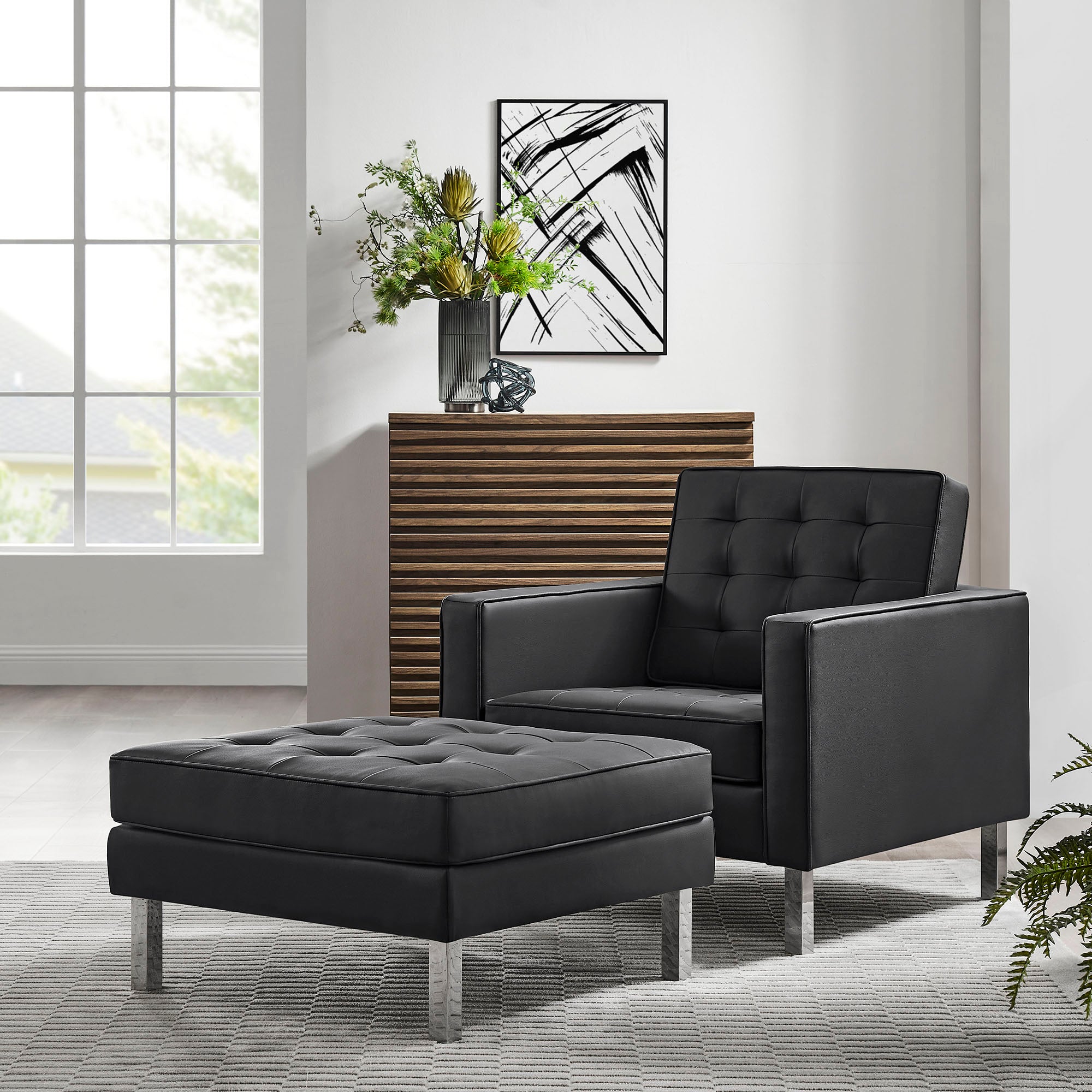 Loft Tufted Vegan Leather Armchair and Ottoman Set - Silver Black