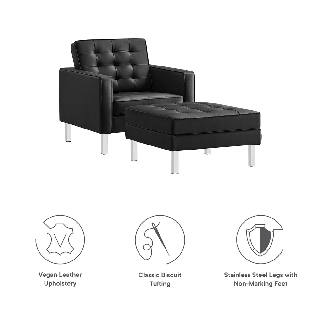 Loft Tufted Vegan Leather Armchair and Ottoman Set - Silver Black