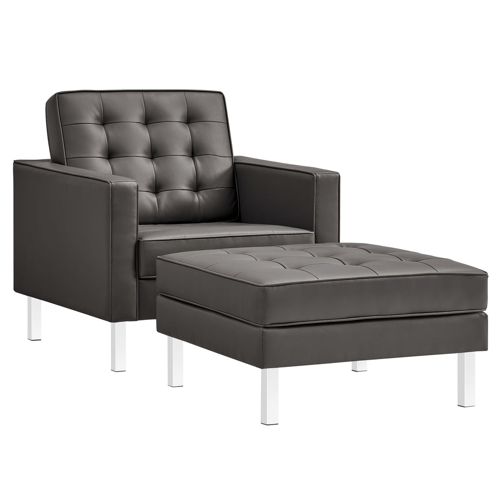 Loft Tufted Vegan Leather Armchair and Ottoman Set - Silver Gray